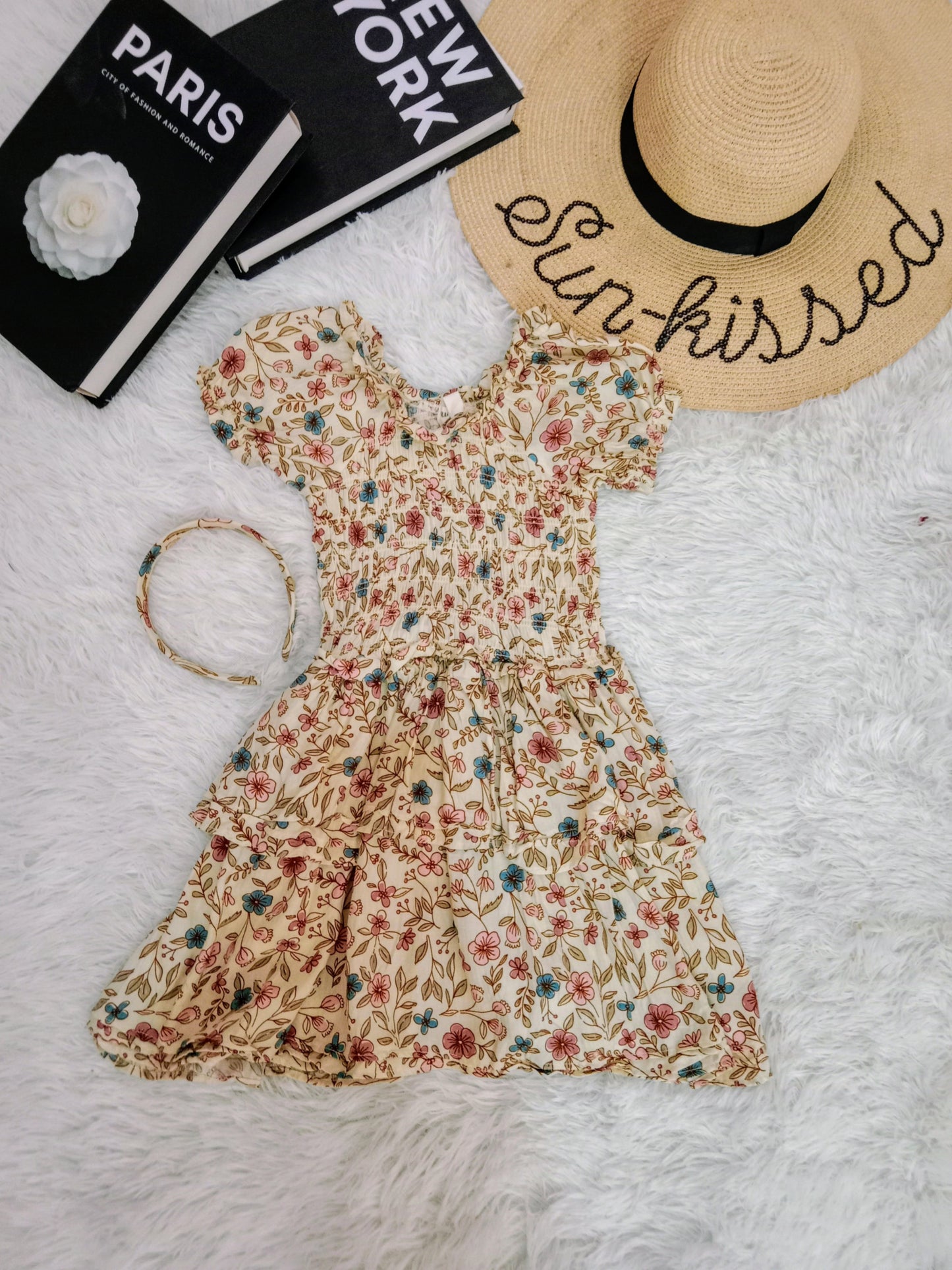 Girls’ Smocked Floral Puff Sleeve Dress with Matching Headband