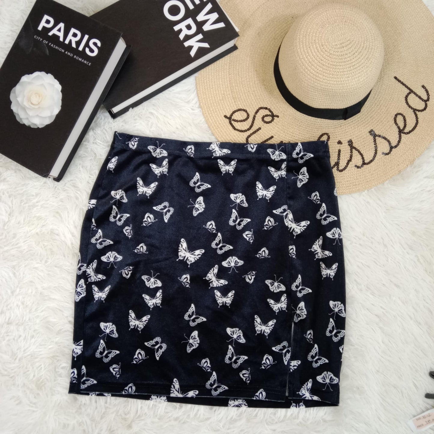 Black Velvet Mini Skirt with White Butterfly Print