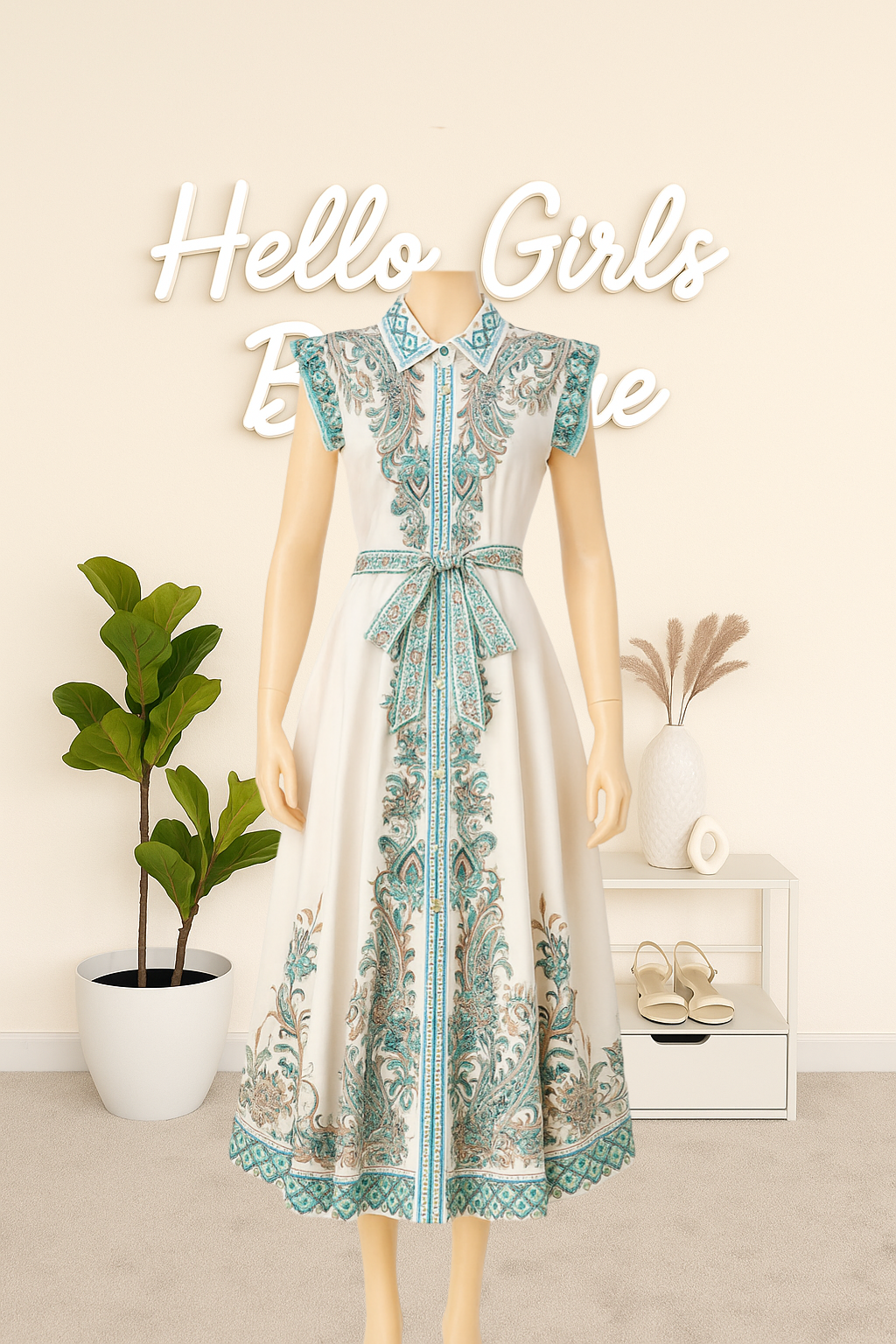Elegant Boho-Inspired Maxi Dress with Belted Waist & Embroidered