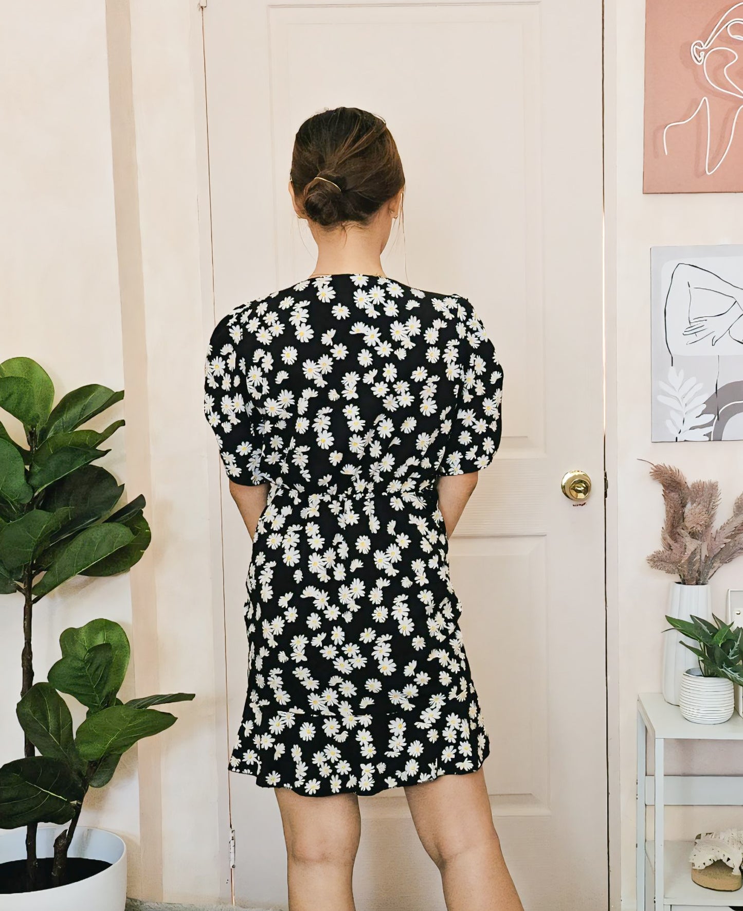 Black Daisy Print Ruched Mini Dress