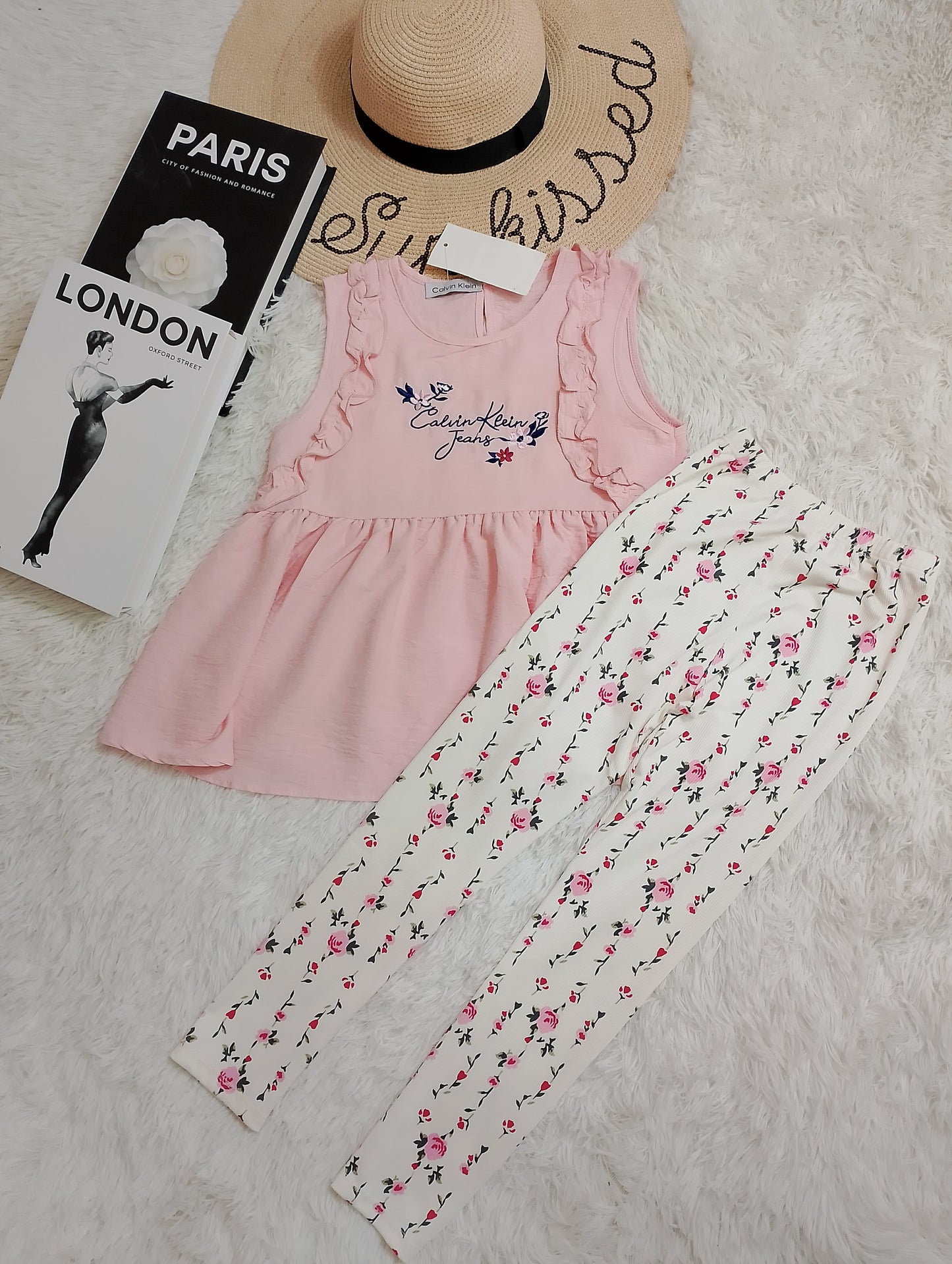 Chic Calvin Klein Pink Ruffle Top & Floral Leggings Set for Girls
