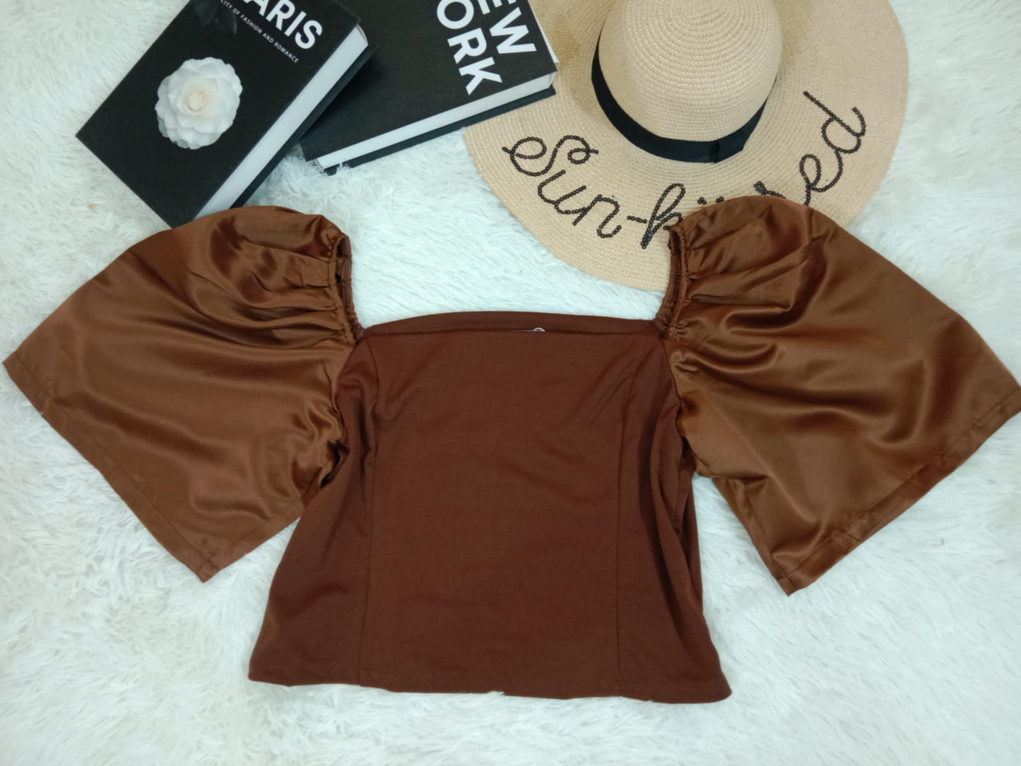 Elegant Puff Sleeve Satin Crop Top – Off-Shoulder Style