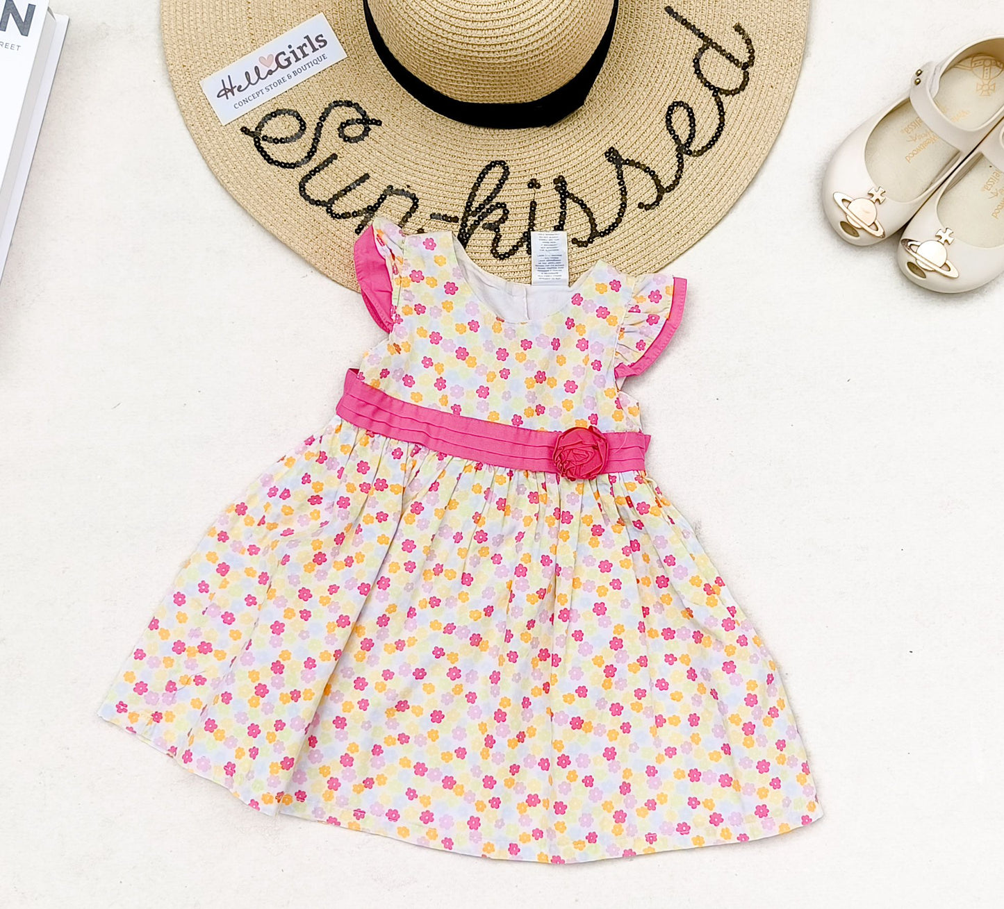 Girls’ Floral Dress with Pink Ruffle Sleeves and Waist Bow