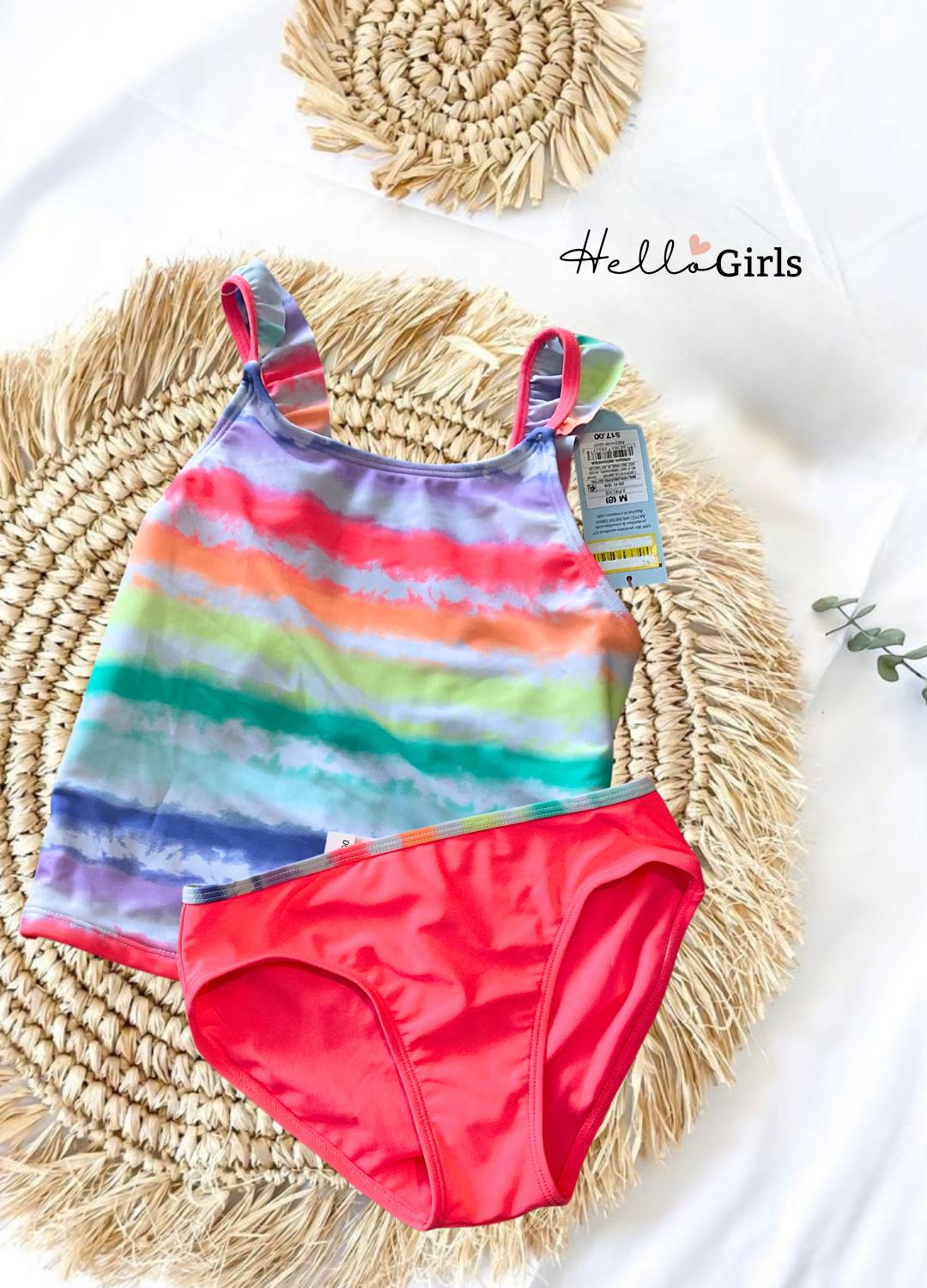 Girls' Rainbow Stripe Tankini Swimsuit – Colorful Top with Bright Coral Bottom