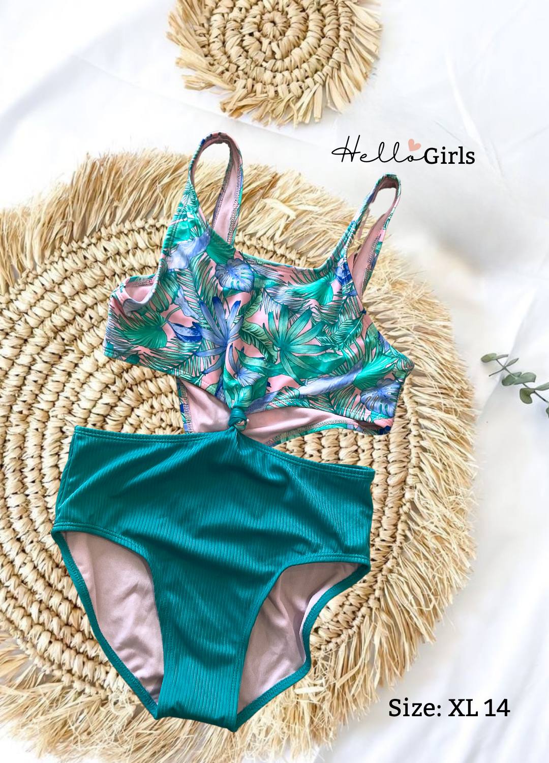 Girls' Tropical Cutout One-Piece Swimsuit – Palm Leaf Print with Ribbed High-Waist Bottom