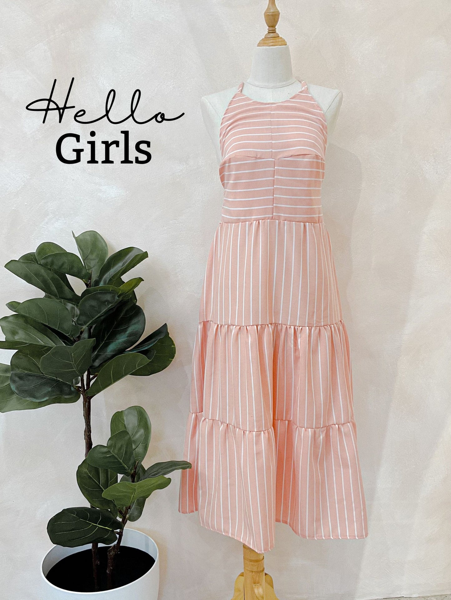 Halter Neck Striped Tiered Midi Dress