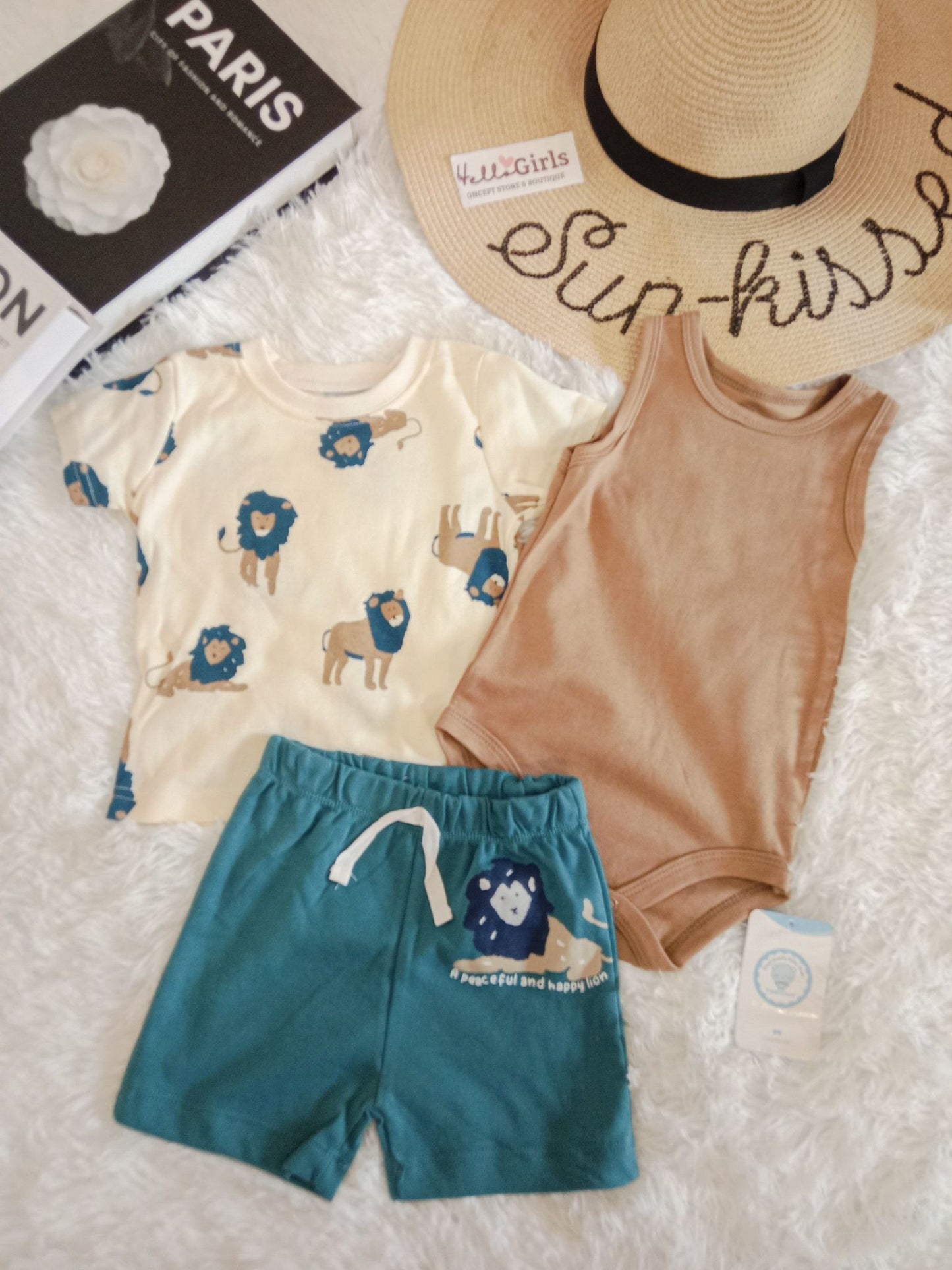Baby Boy 3-Piece Summer Outfit Set – Printed Top, Bodysuit & Shorts