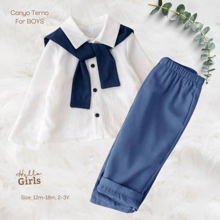 White Long Sleeve Top with Navy Accent & Blue Pants