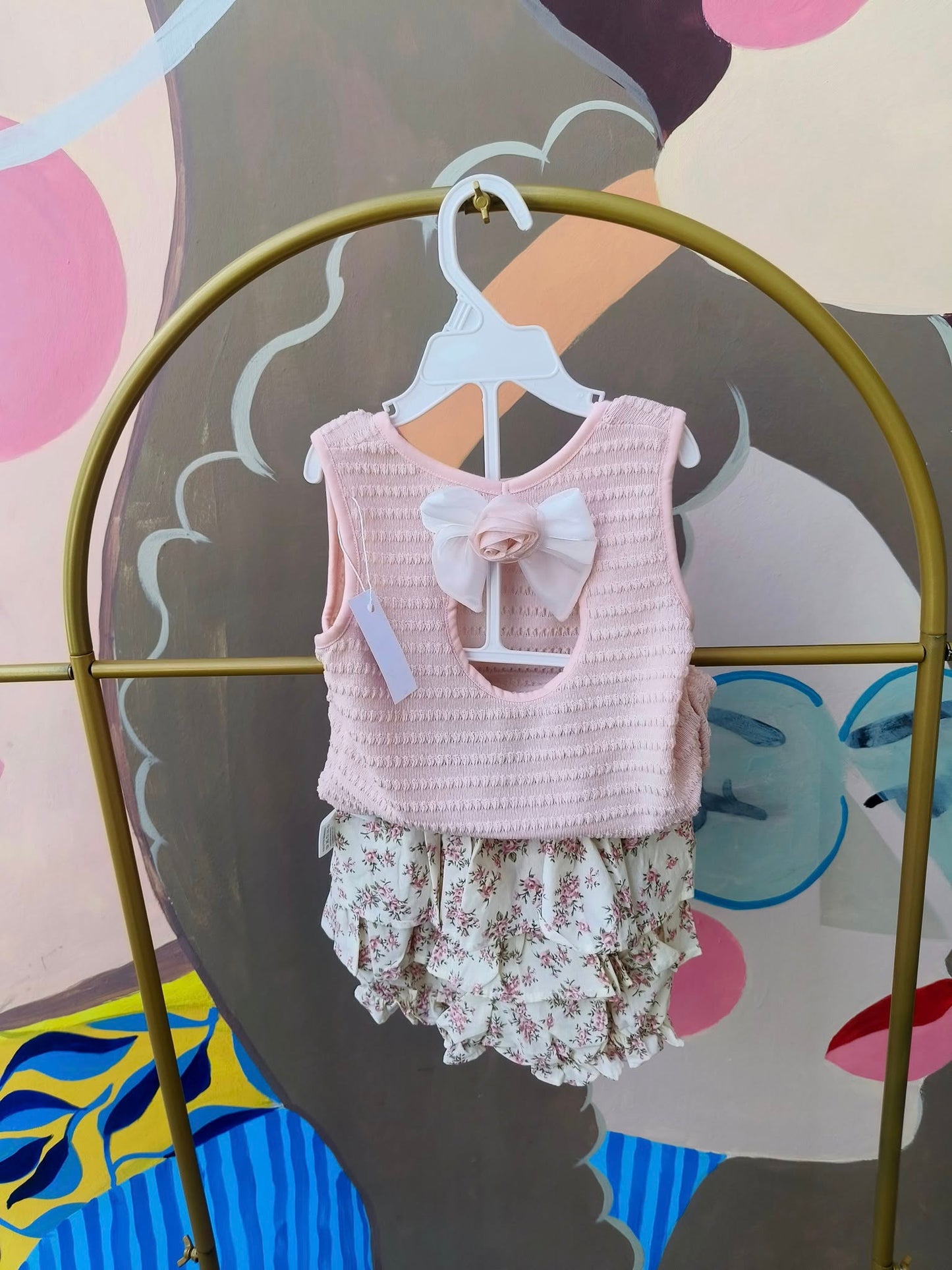 Baby Girl Knitted Top and Floral Ruffle Skirt Shorts Set
