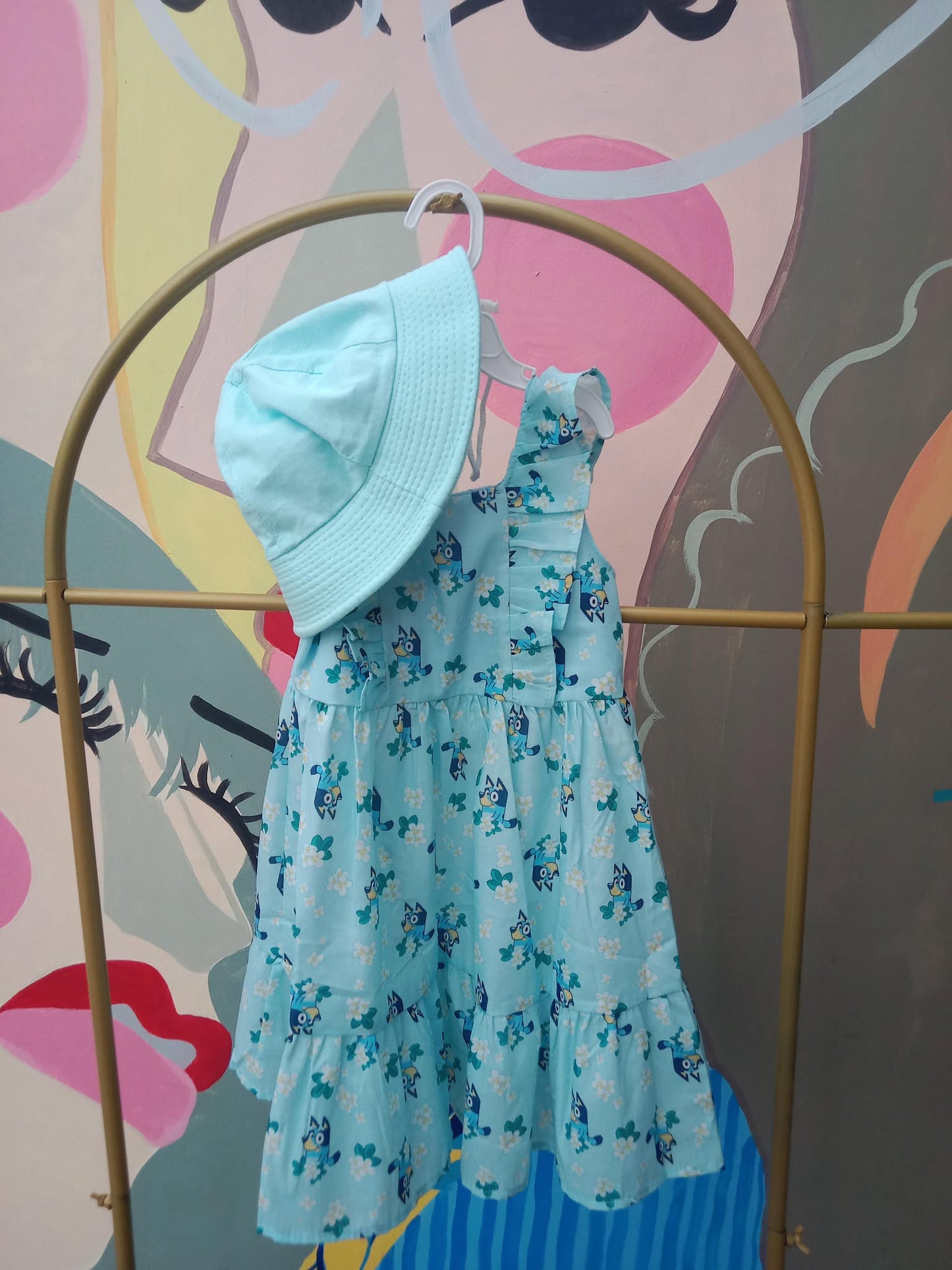 Bluey-Inspired Sleeveless Dress with Matching Bucket Hat for Girls