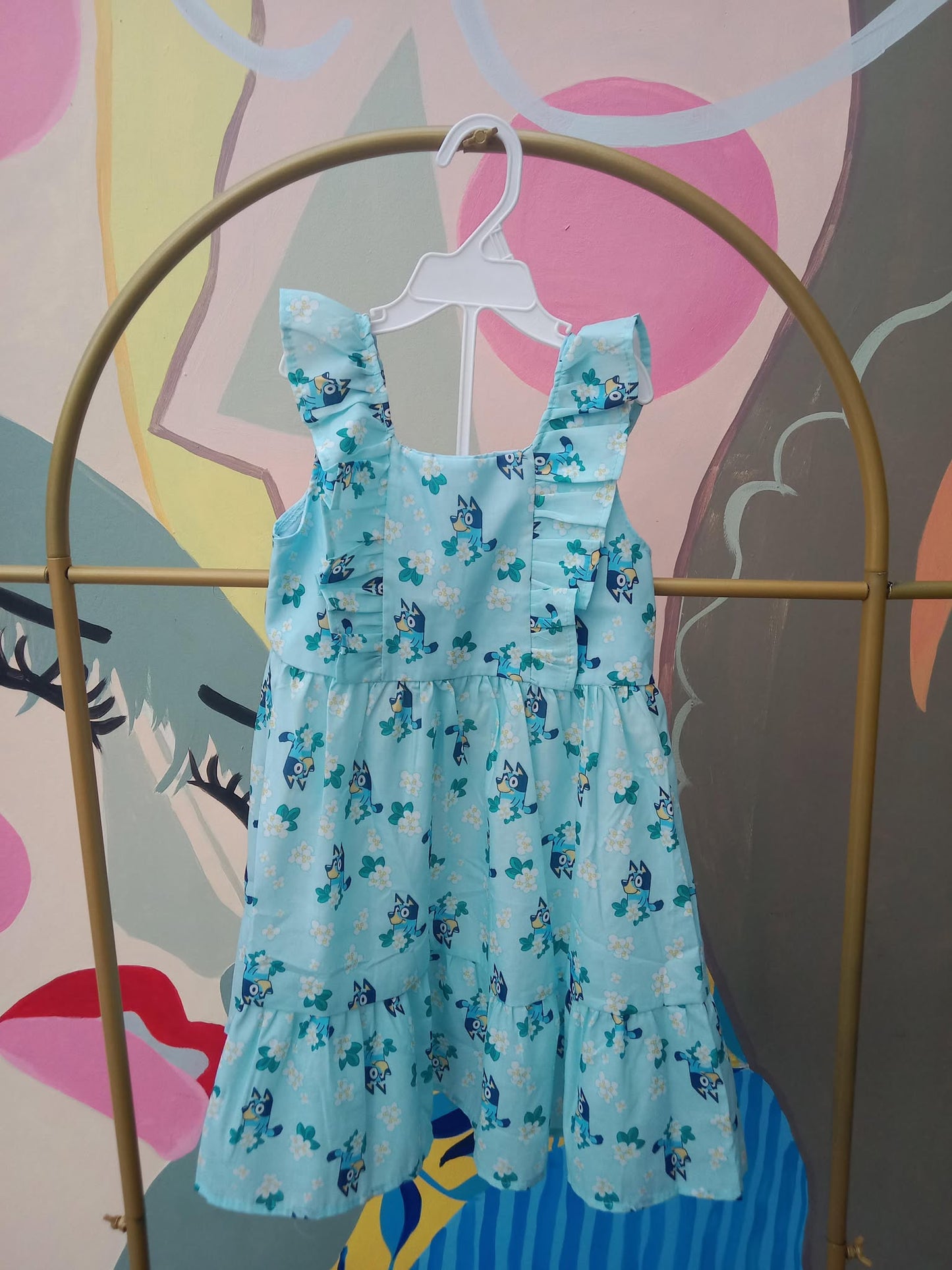 Bluey-Inspired Sleeveless Dress with Matching Bucket Hat for Girls
