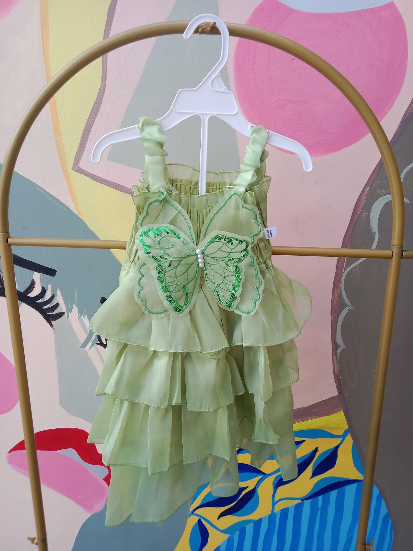 Butterfly Ruffle Dress for Girls – Layered Tulle Party Dress with Pearls