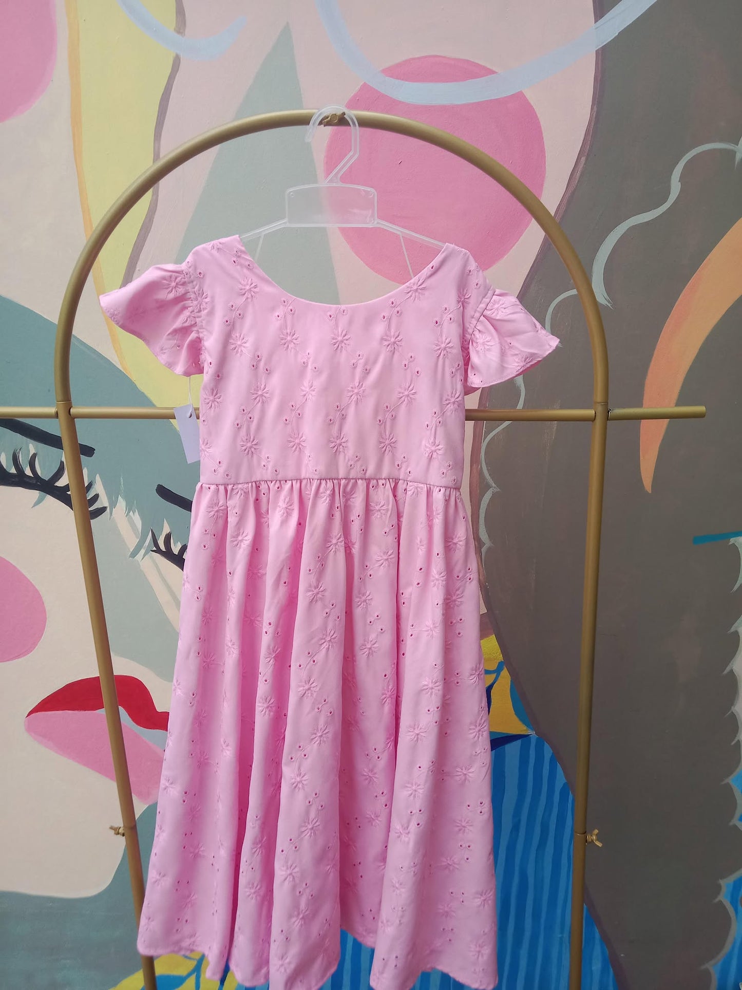 Girls’ Eyelet Floral Puff Sleeve Dress with Ruffled Collar