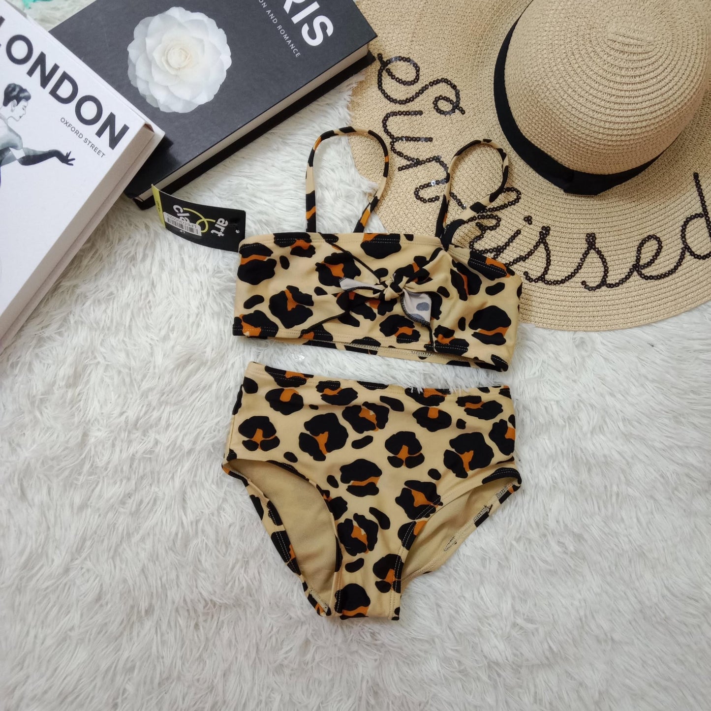 Girls’ Leopard Print Bikini Set – Knotted Bandeau Top Two-Piece