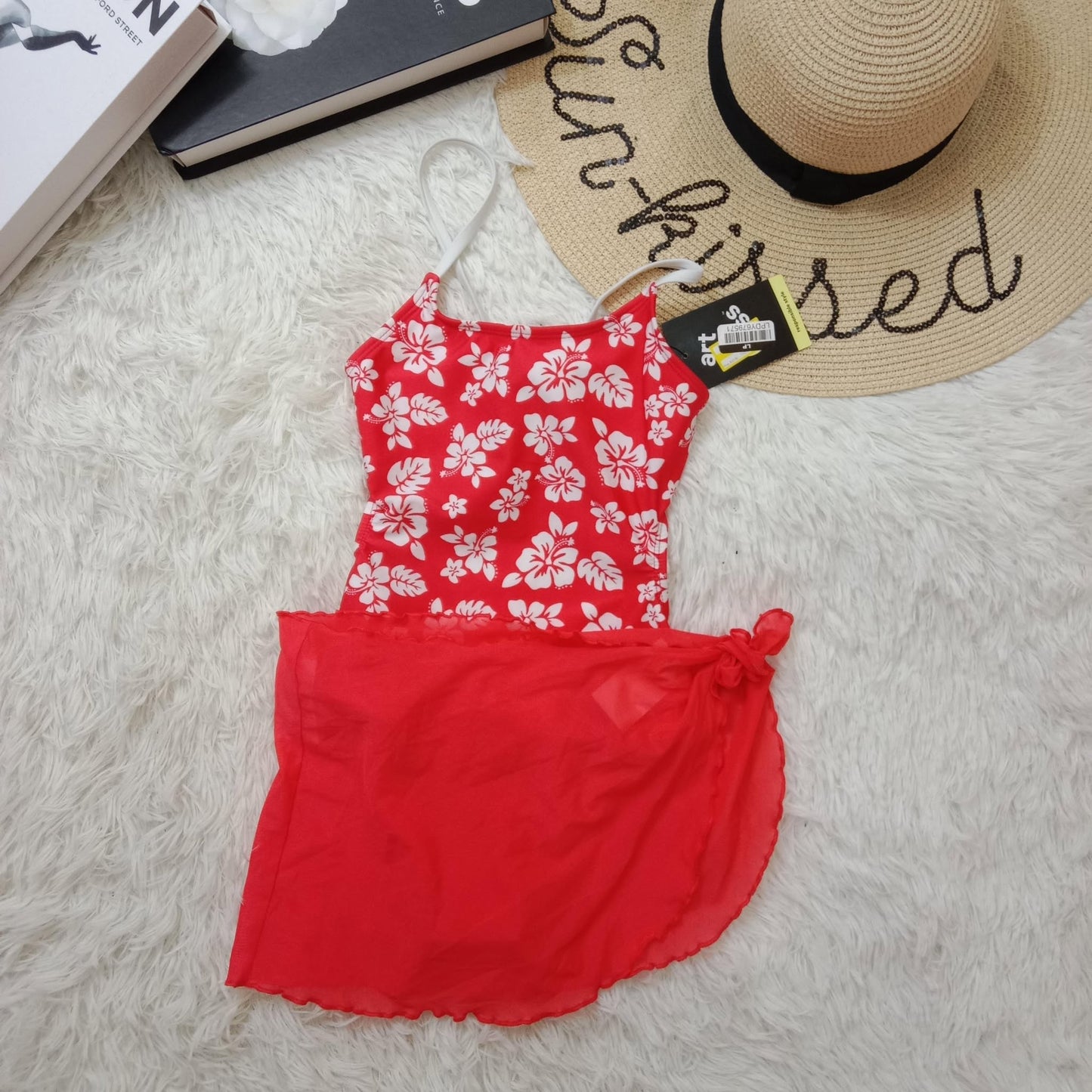 Girls’ Floral One-Piece Swimsuit with Sheer Sarong Skirt