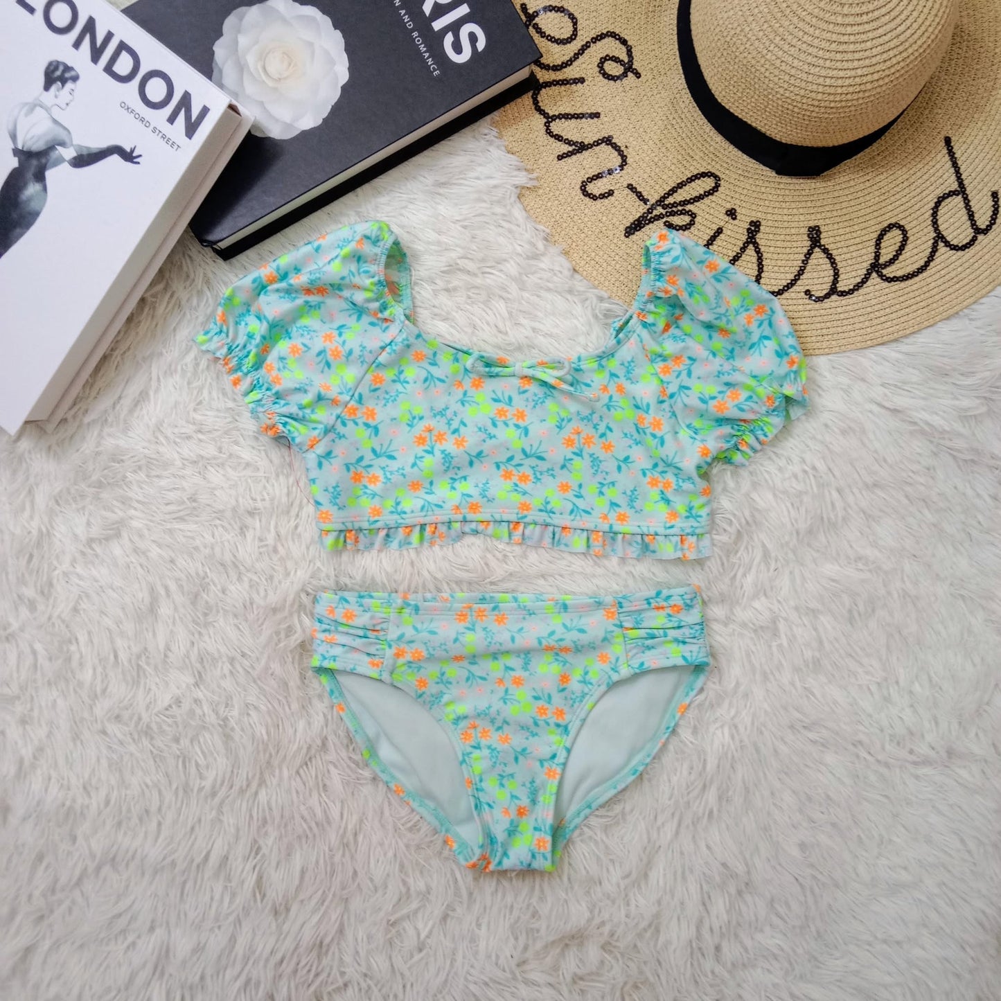 Girls Floral Two-Piece Bikini Set with Puff Sleeves