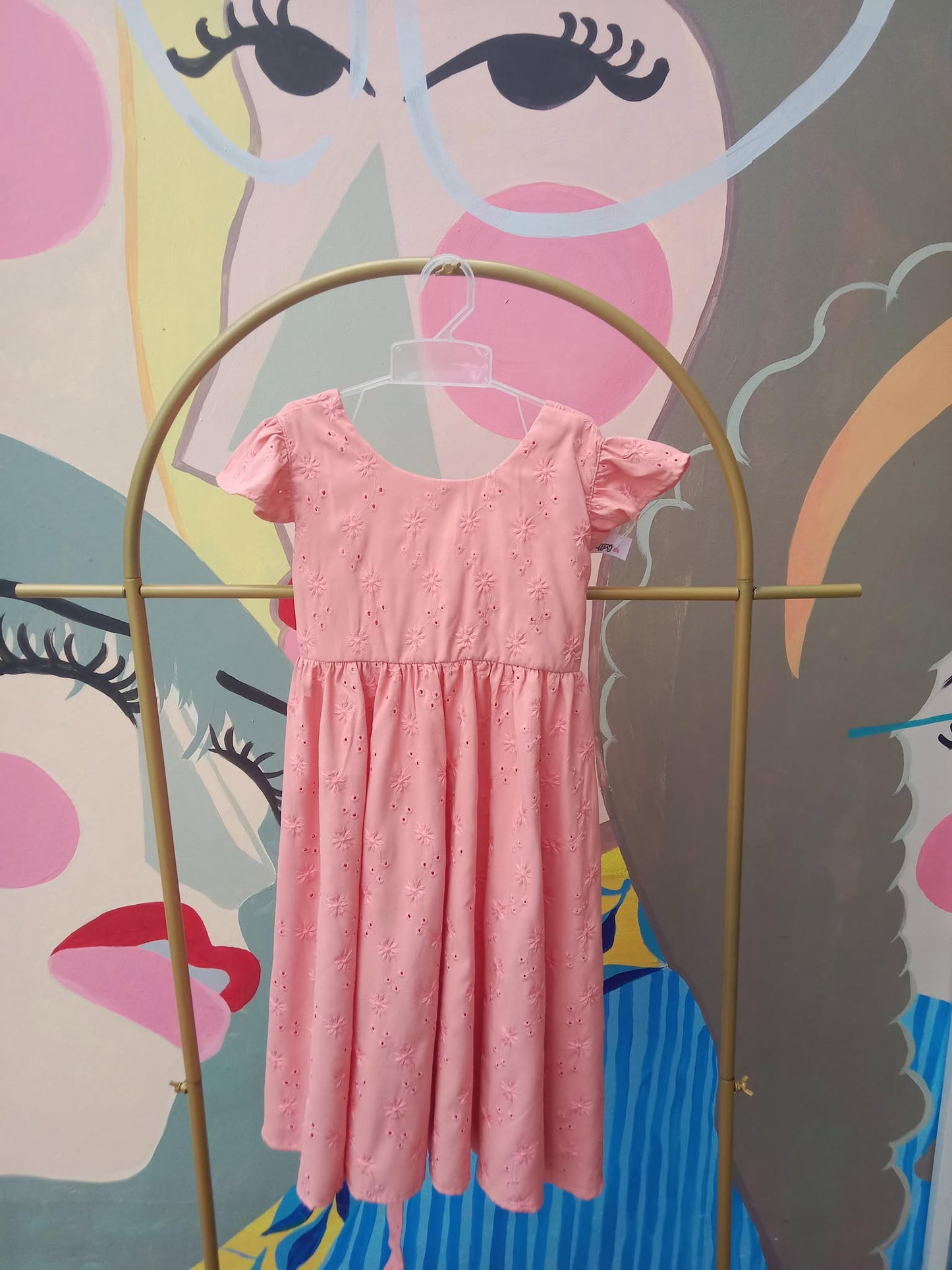 Girls’ Eyelet Floral Puff Sleeve Dress with Ruffled Collar