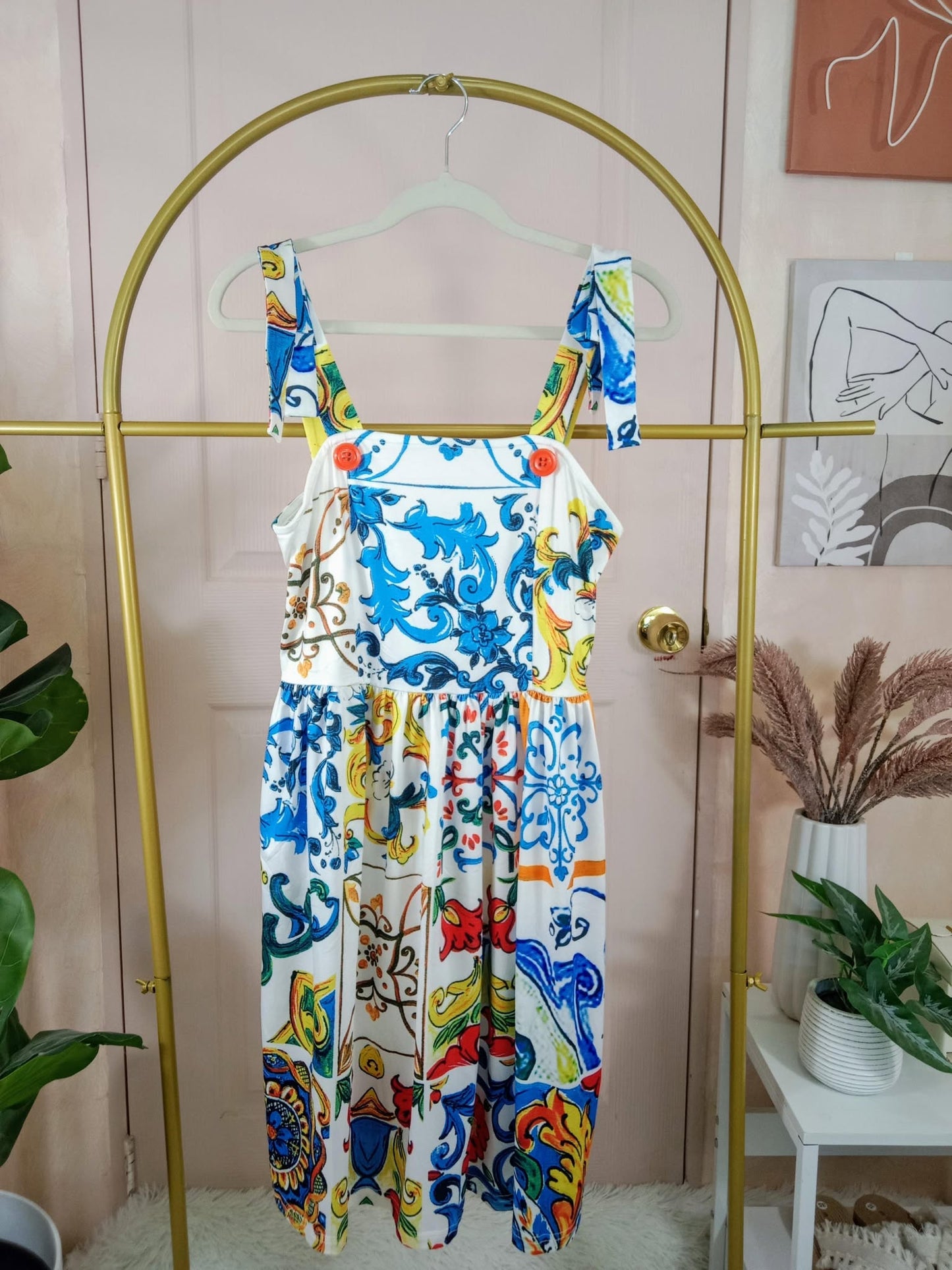 Colorful Boho Tile Print Midi Dress with Button Strap Detail