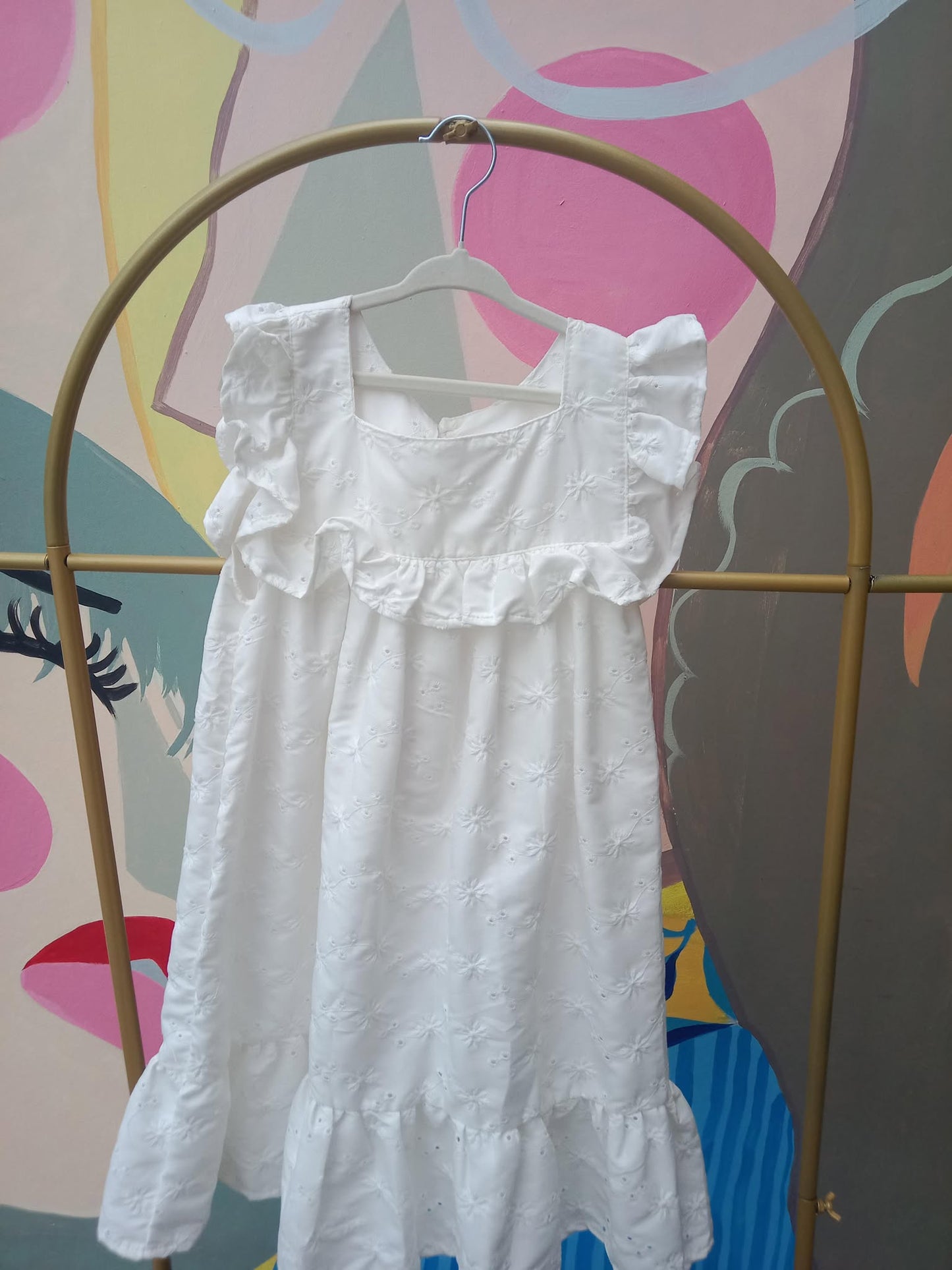 Girls’ Eyelet Floral Puff Sleeve Dress with Ruffled Collar