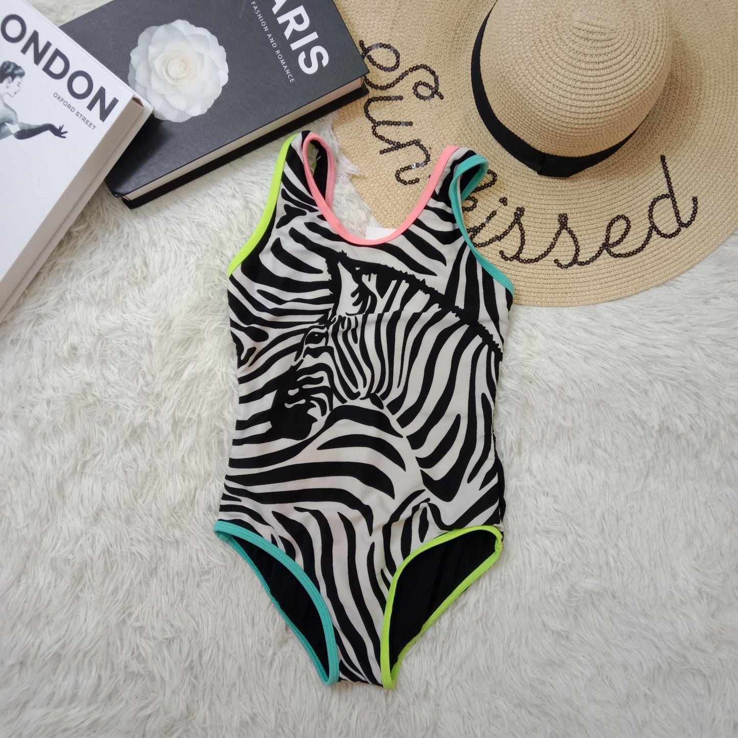 Girls’ Zebra Print One-Piece Swimsuit with Neon Trim