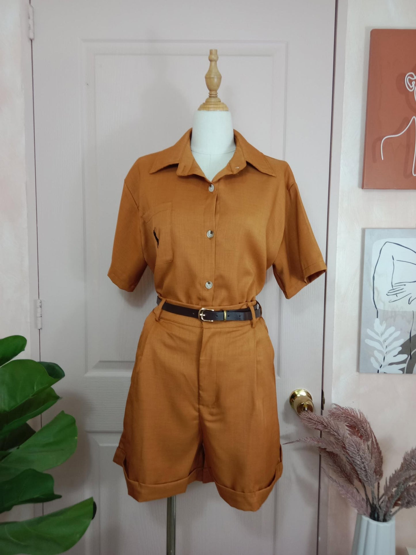 Collared Button-Down Top and Cuffed Shorts Set