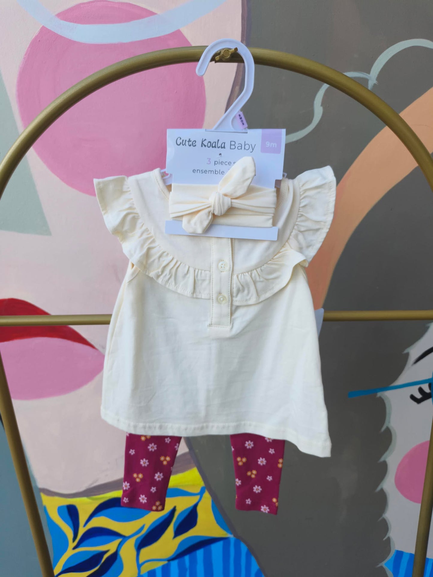 Cute Koala Baby 3-Piece Ruffle Top, Floral Leggings & Headband Set