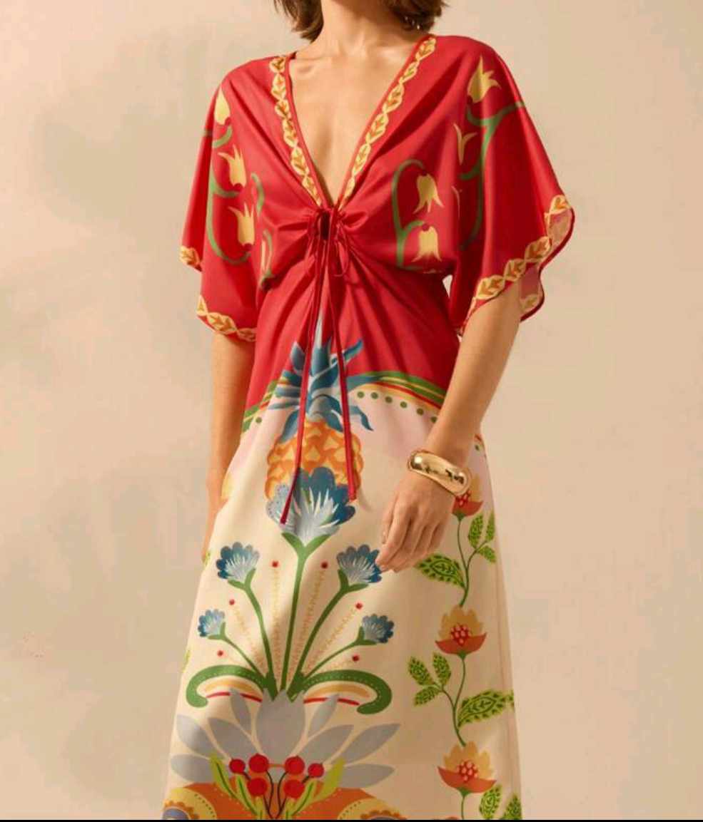Boho Chic Floral Print V-Neck Kaftan Dress
