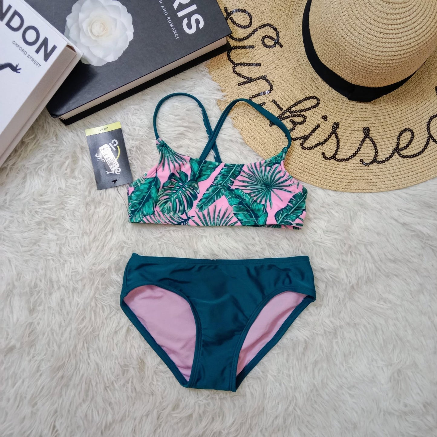 Girls Tropical Leaf Bikini Set with Cross-Back Straps
