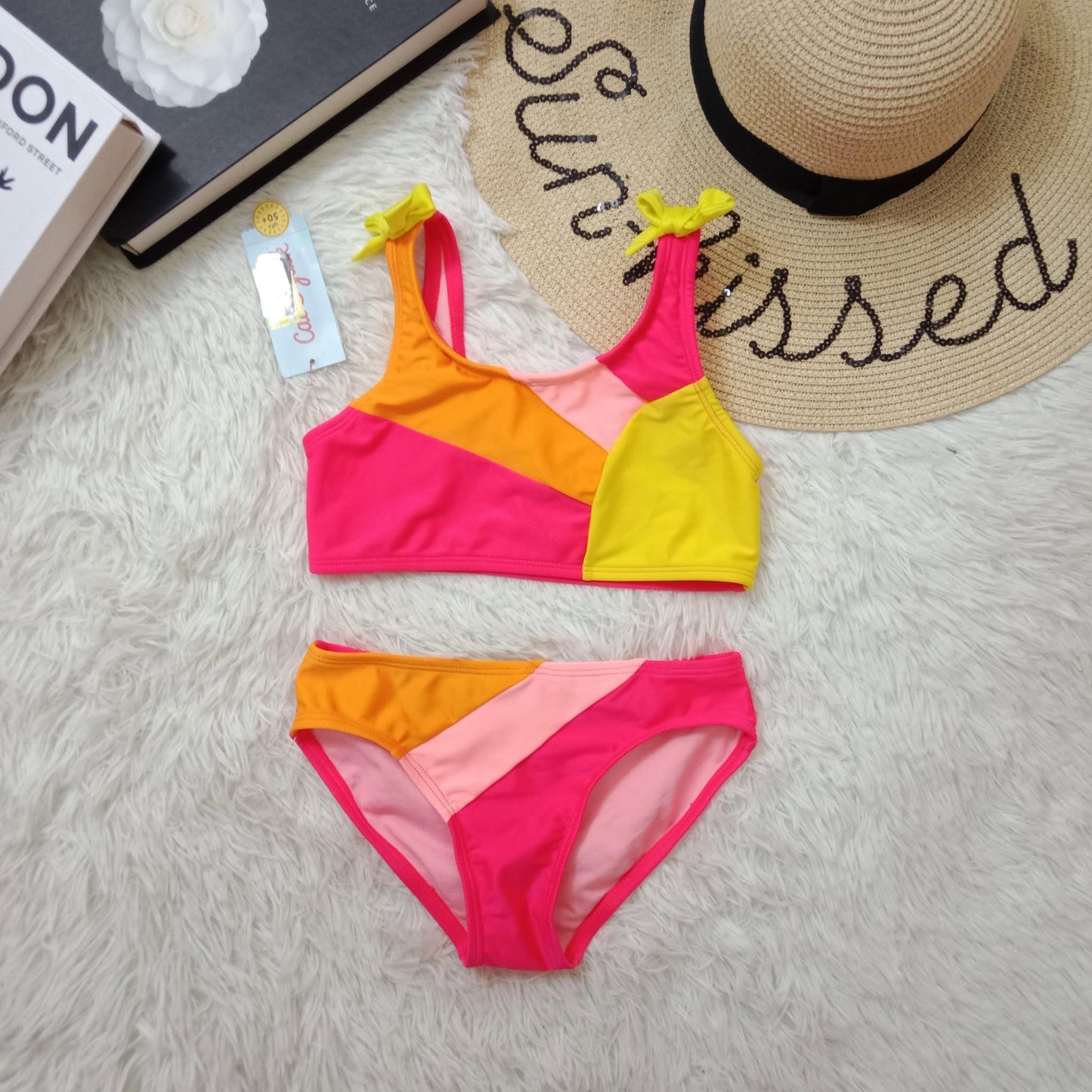 Girls’ Colorblock Bikini Set – Pink, Yellow & Orange with Bow Straps