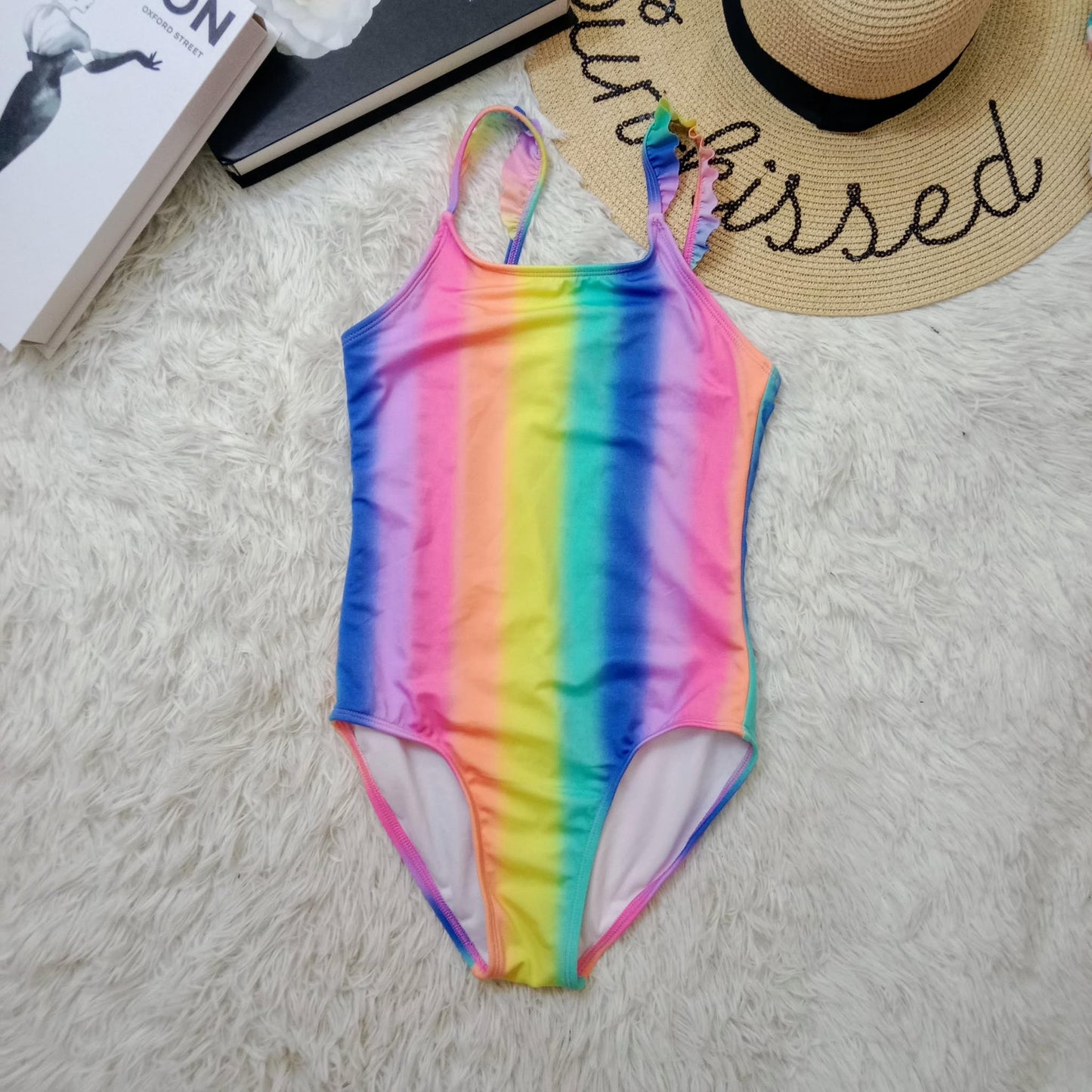 Girls Rainbow Gradient One-Piece Swimsuit with Ruffle Strap