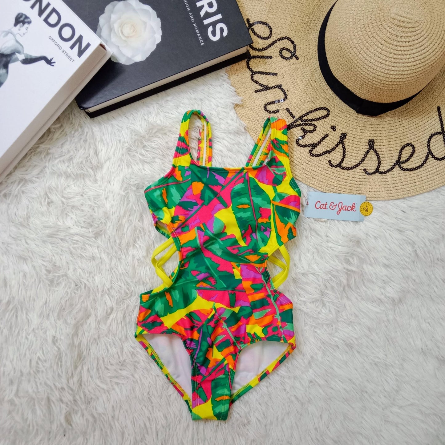 Girls Neon Abstract Print One-Piece Swimsuit with Side Cut-Outs