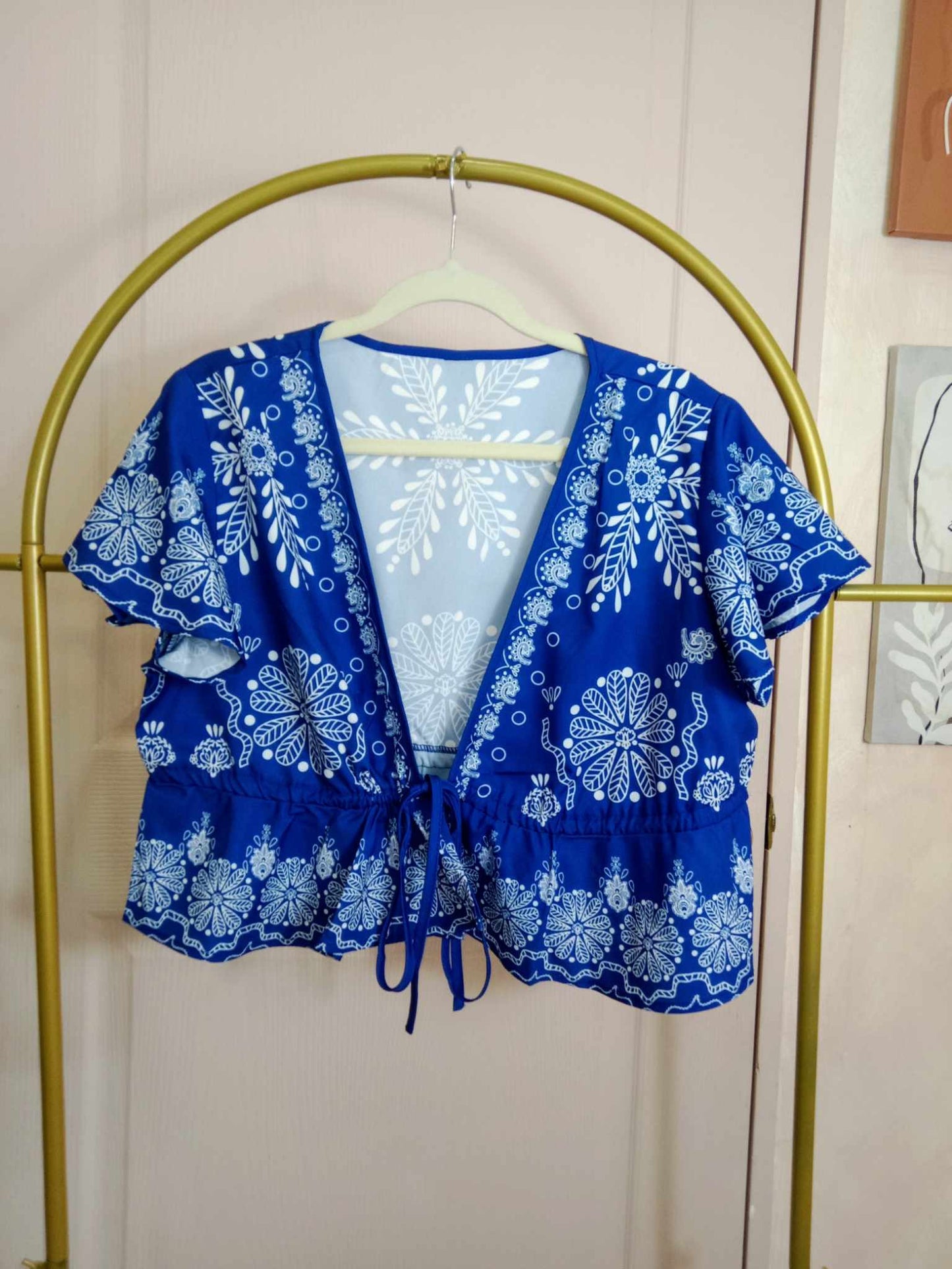 Boho Blue Tie-Front Embroidered Crop Top