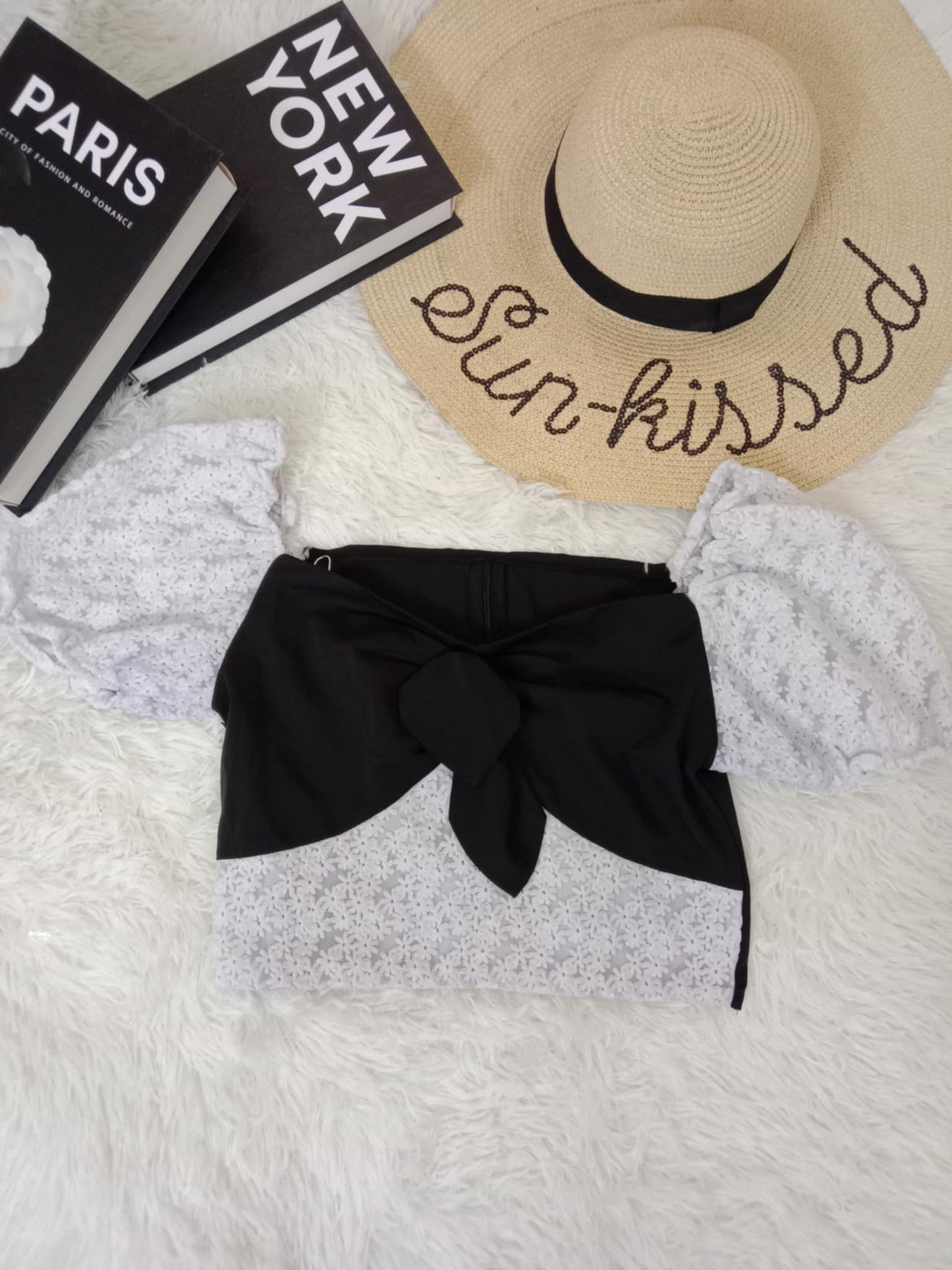 Floral Puff Sleeve Lace Crop Top with Front Knot