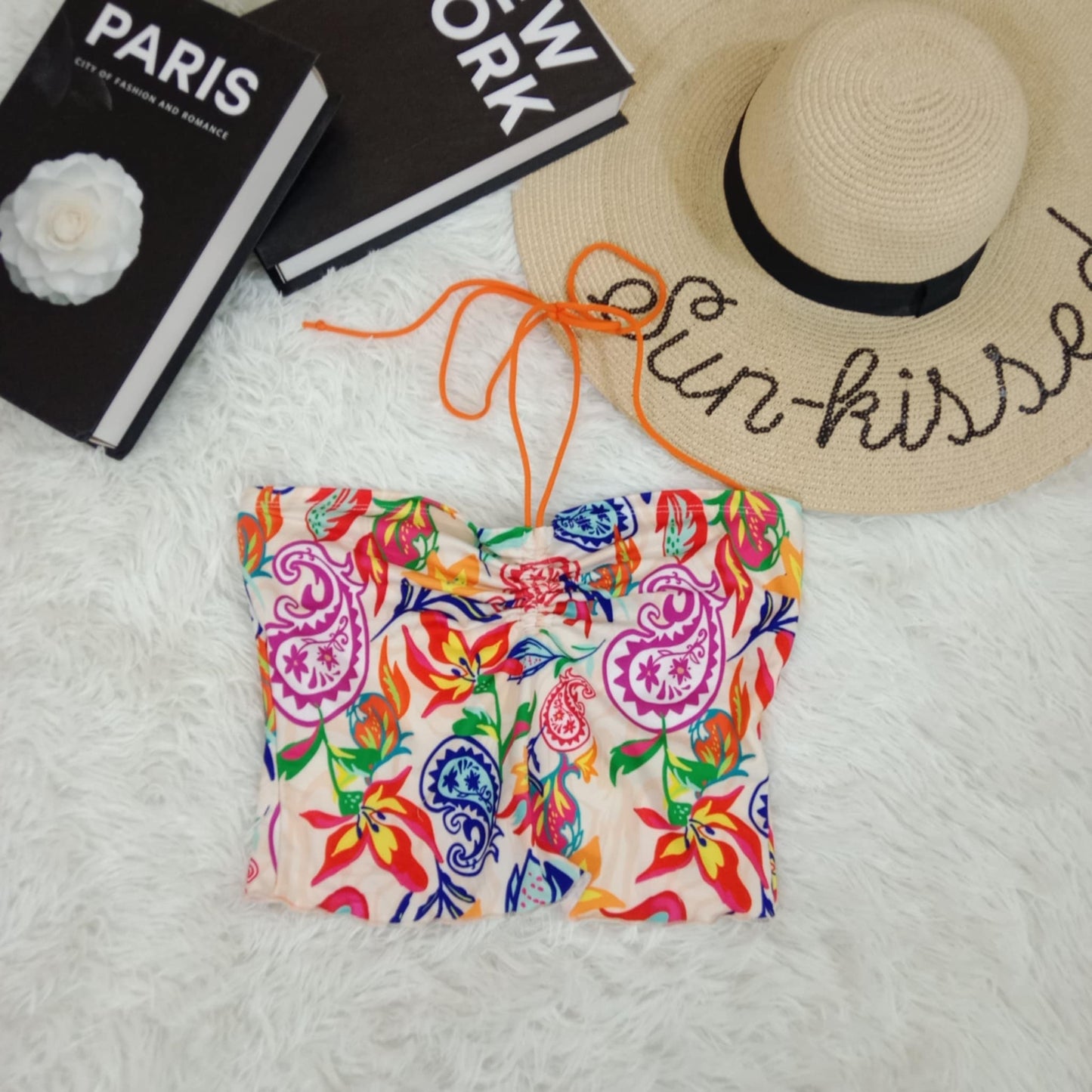 Vibrant Tropical Print Tube Top with Halter Tie Strap
