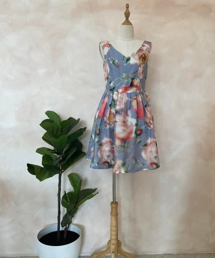 Sleeveless Floral A-Line Dress – Soft Blue with Romantic Rose Print