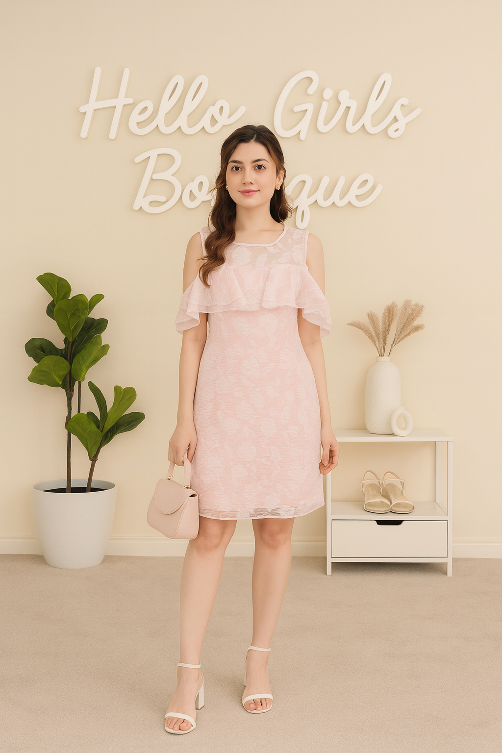Pastel Pink Floral Mesh Dress with Ruffle Overlay