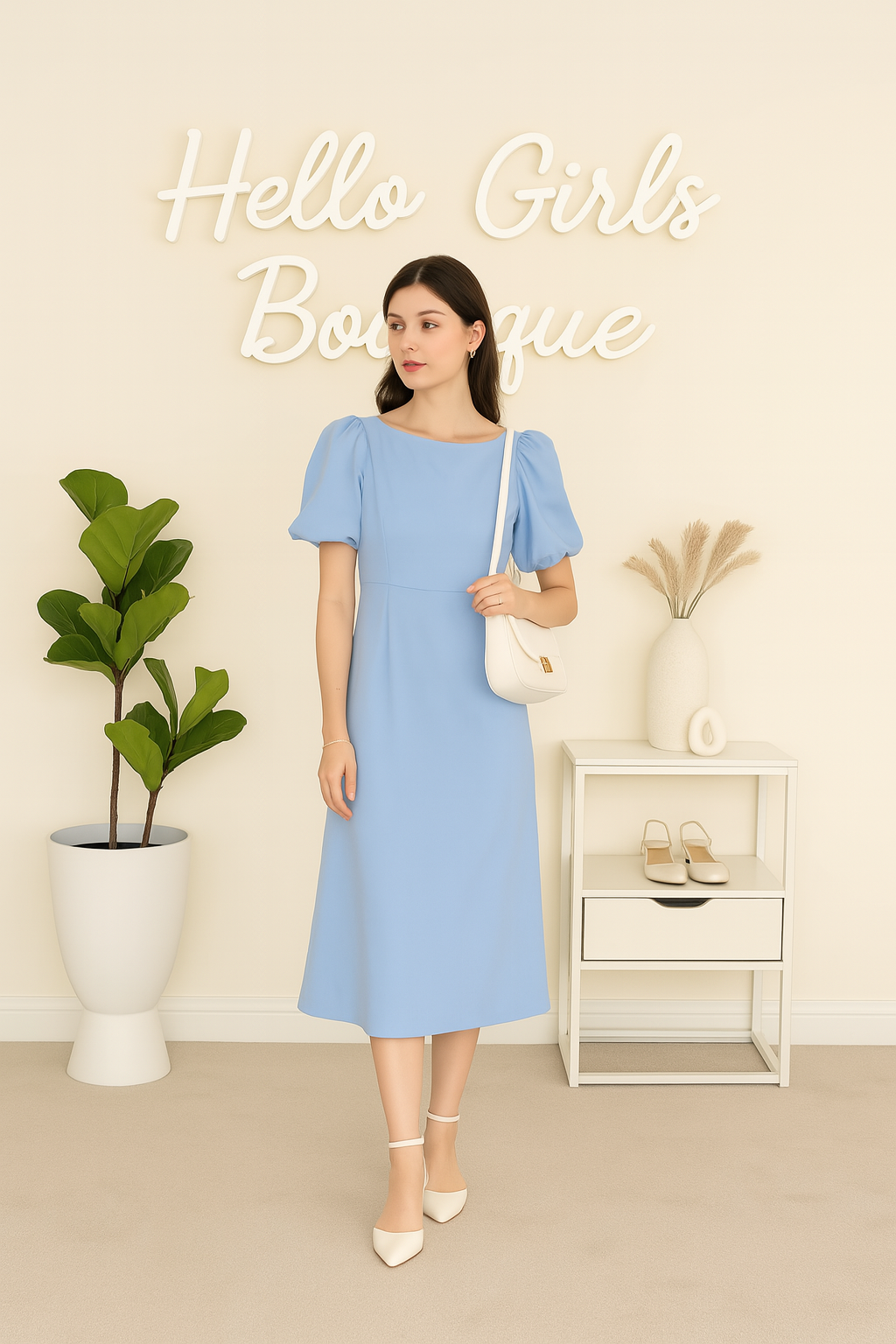 Powder Blue Midi Dress with Puff Sleeves