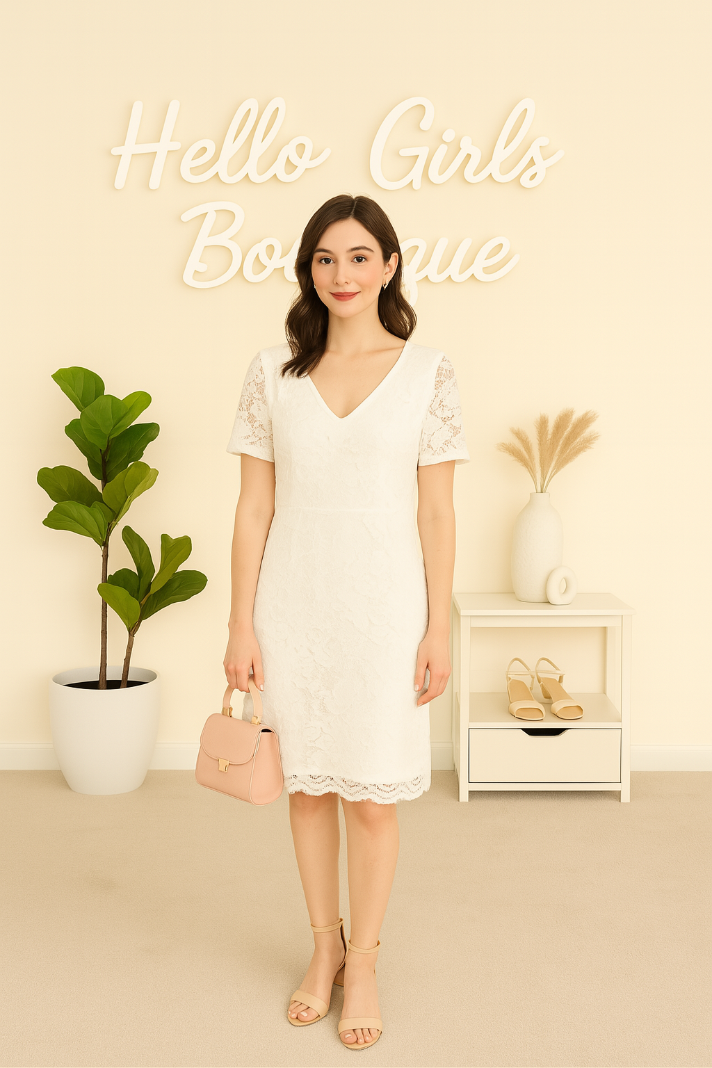 White V-Neck Lace Midi Dress with Half Sleeves