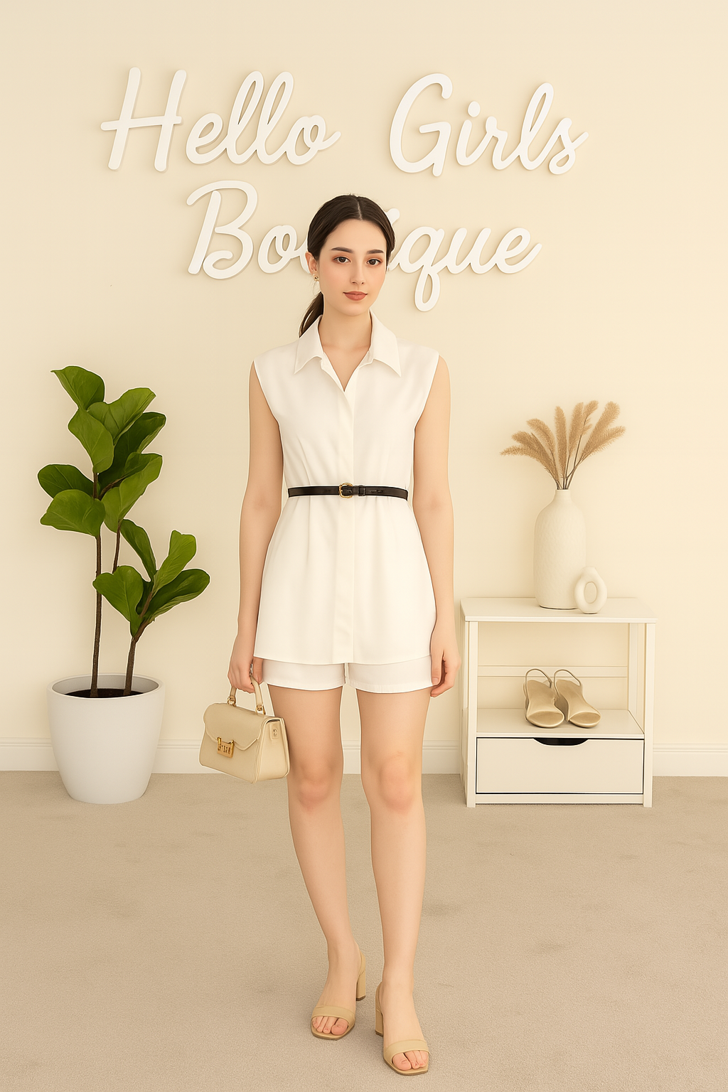 Women's White Collared Sleeveless Top and Shorts Co-ord Set