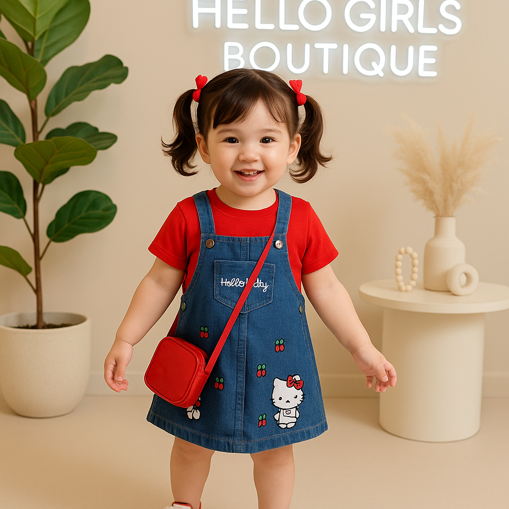 Hello Kitty Denim Jumper Dress Set with Red Tee – Cute Cherry Print for Girls