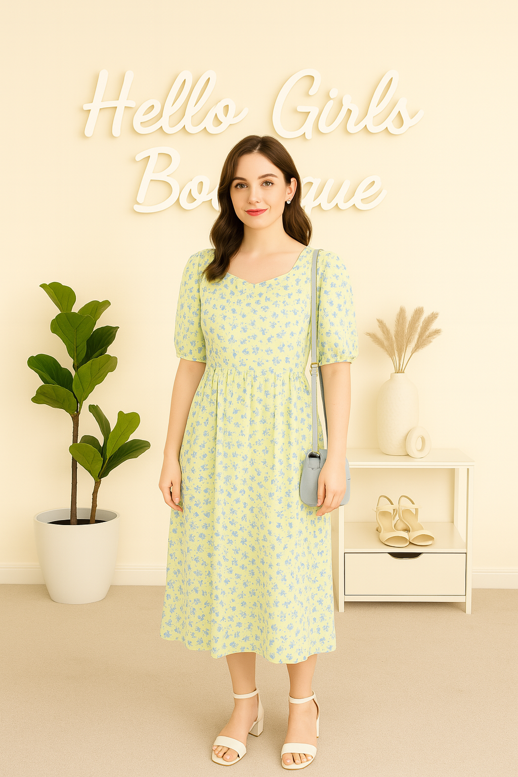 Yellow Floral Midi Dress with Puff Sleeves