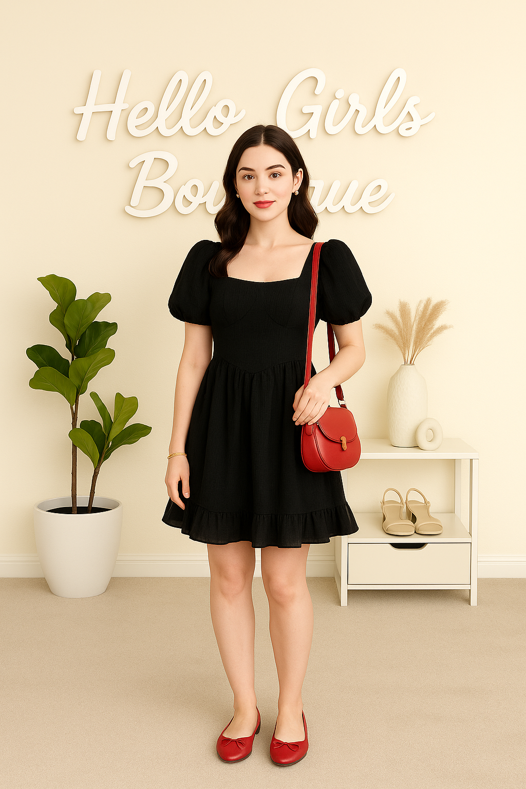Black Puff Sleeve Square Neck Dress with Ruffle Hem