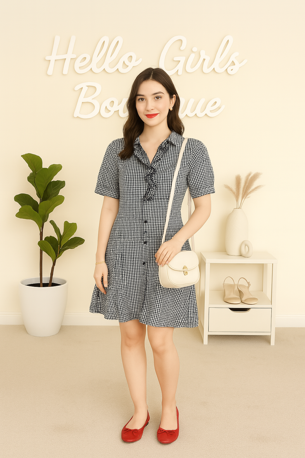 Black and White Gingham Shirt Dress with Ruffle Detail