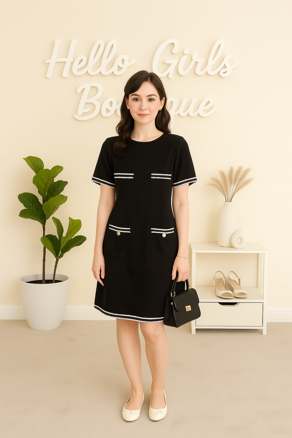 Chic Contrast-Trim Pocket Shift Dress