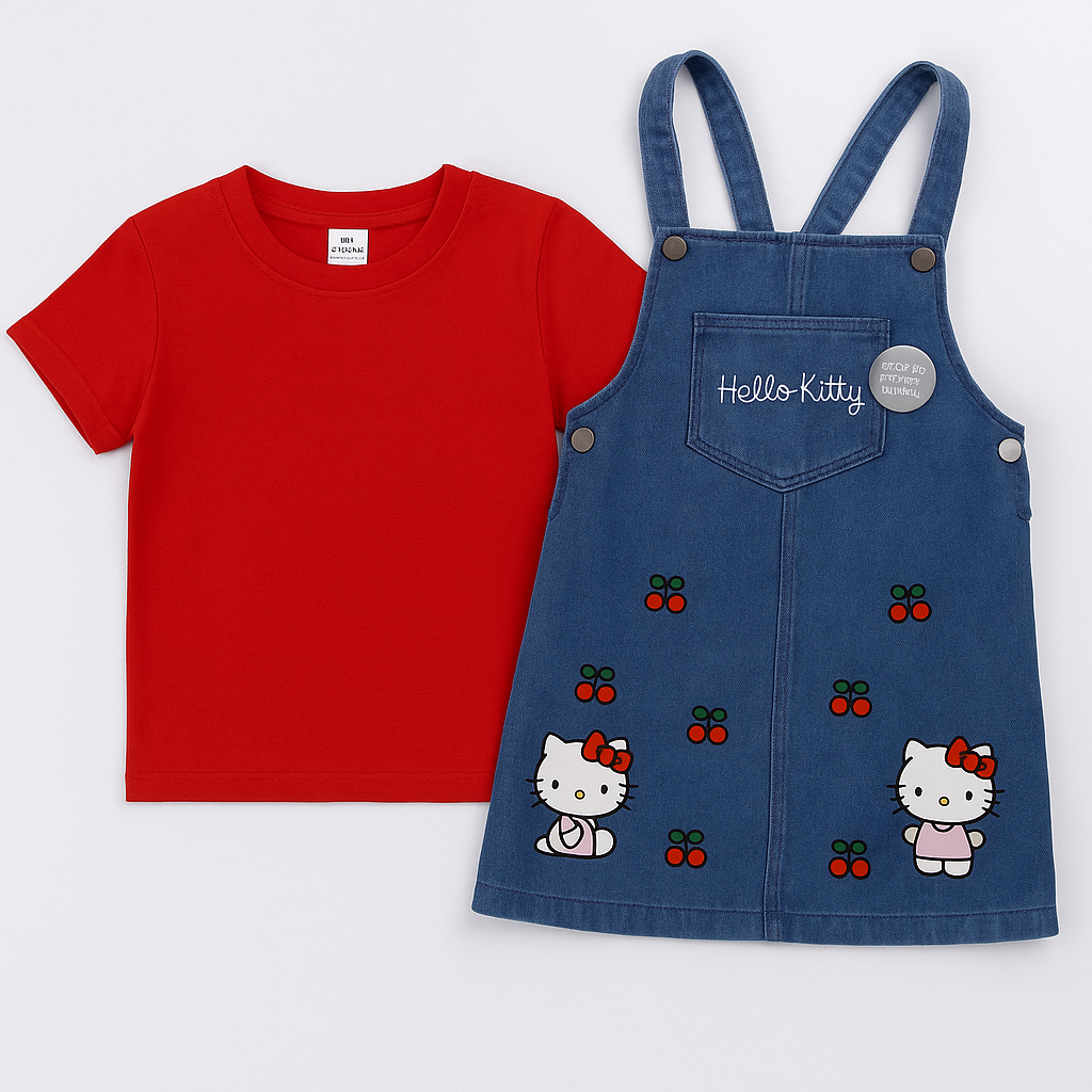Hello Kitty Denim Jumper Dress Set with Red Tee – Cute Cherry Print for Girls