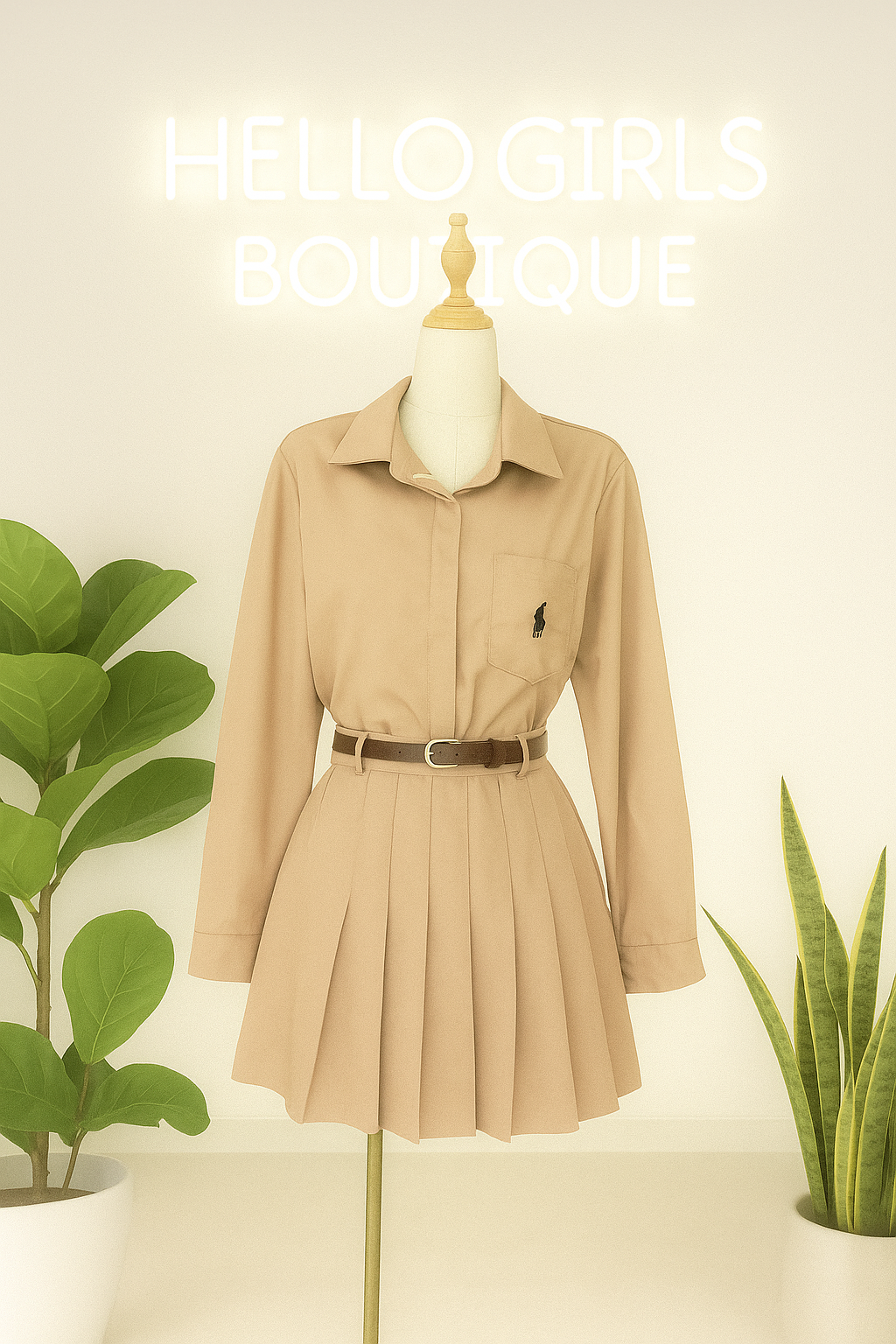 Classic Polo Top & Pleated Skirt Set with Belt