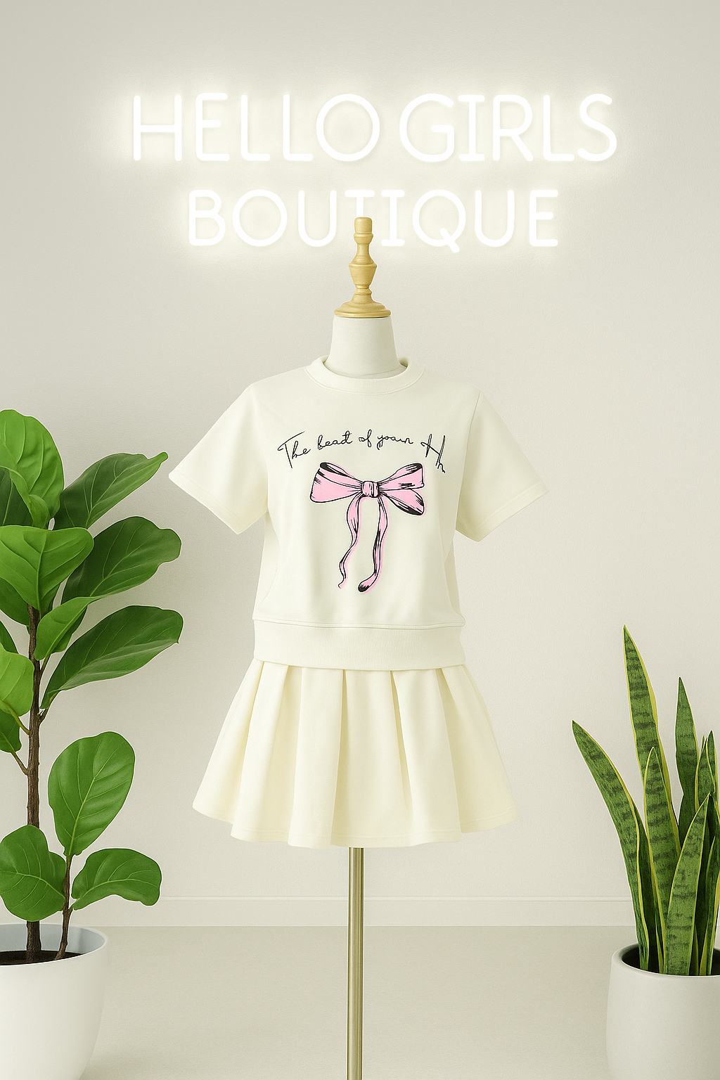 Girls' Bow Graphic Top and Pleated Skirt