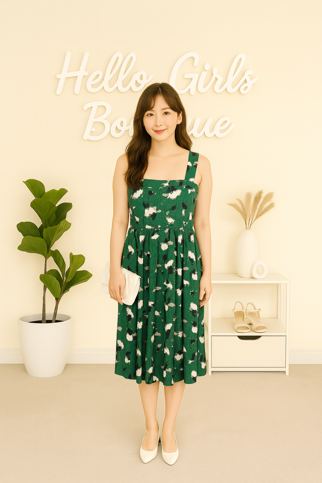 Tropical Green Floral Midi Dress with Wide Straps & Pleated Skirt