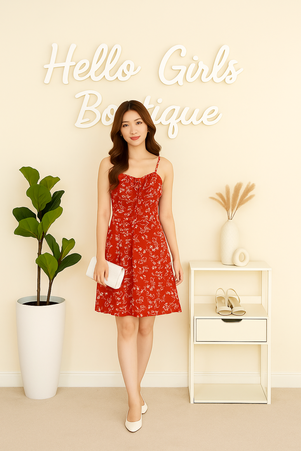 Red Floral Spaghetti Strap Mini Dress with Front Tie Detail