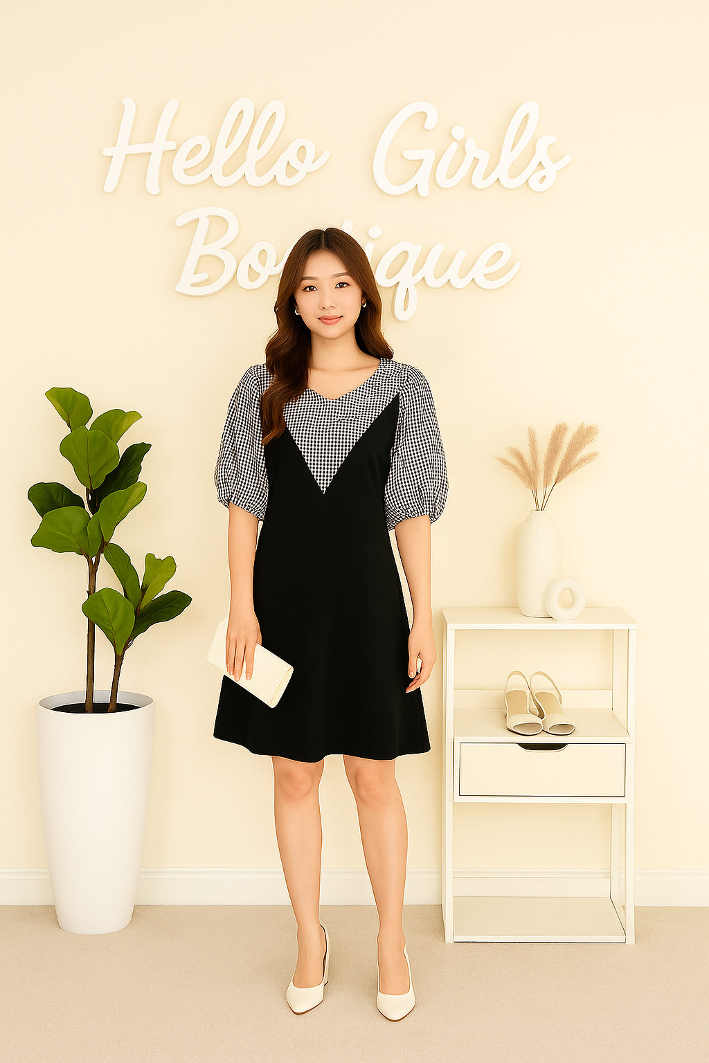 Casual Black Midi Dress with Gingham Puff Sleeves